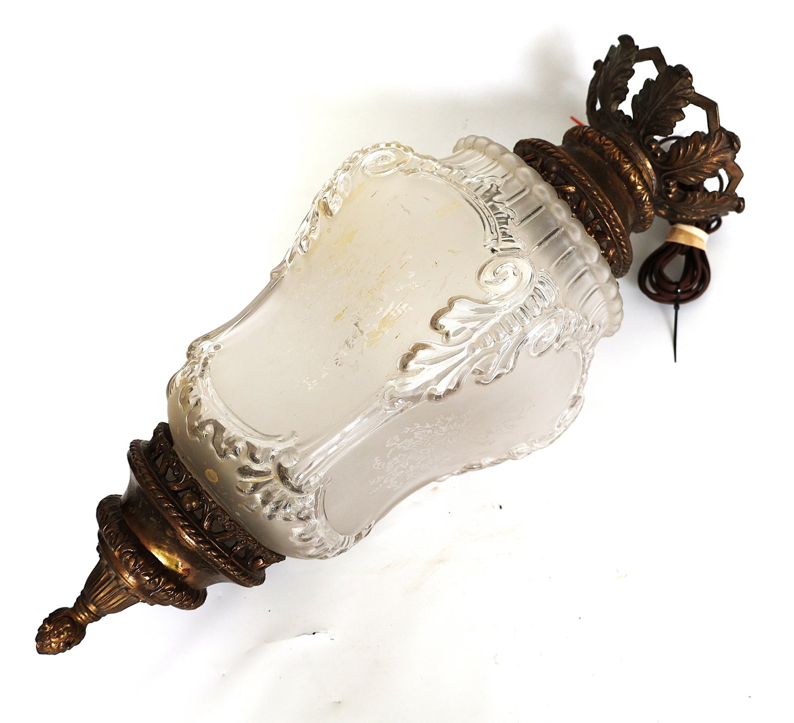 French pendant hall fixture features a heavily frosted glass shade with intricate floral motifs and (1 of 8)