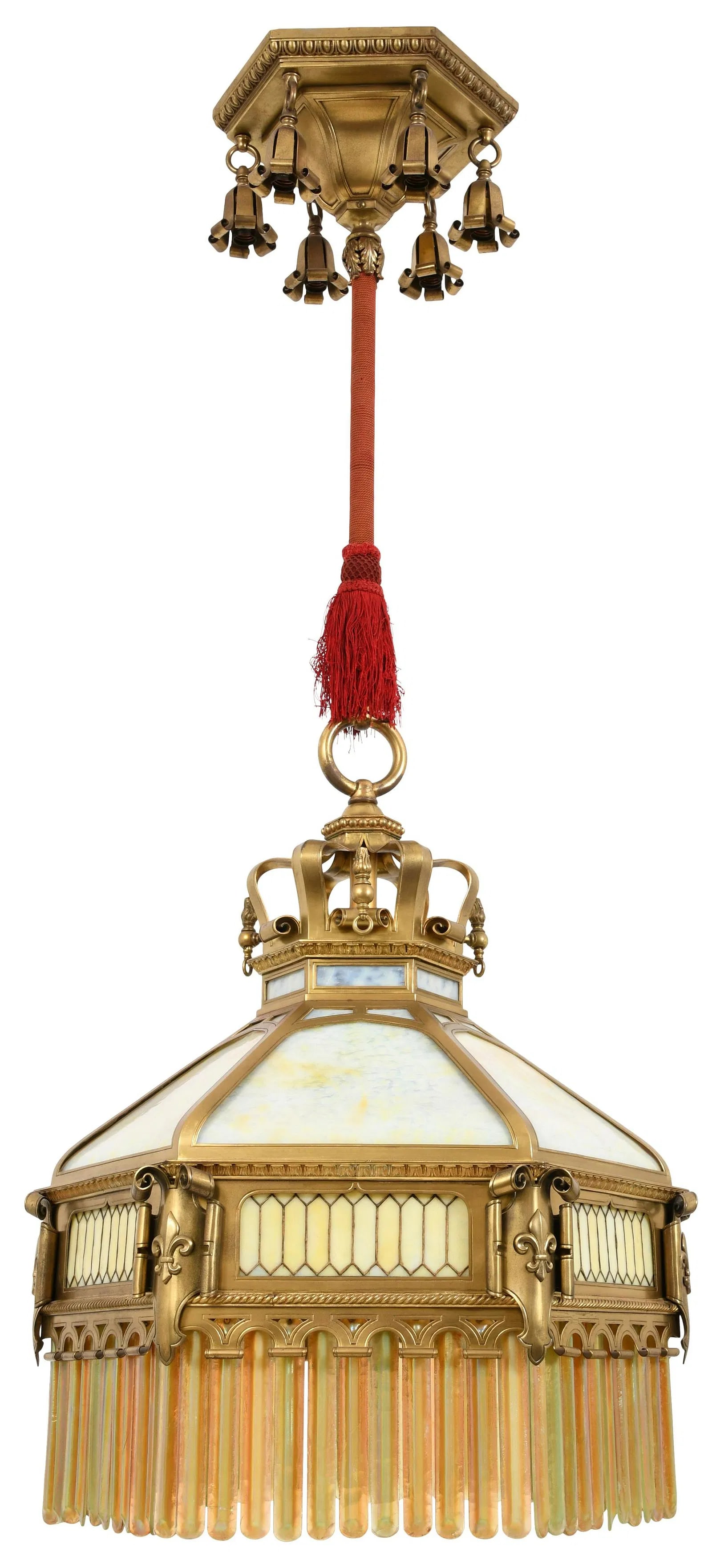 Spectacular Large Bronze Moorish-Gothic Chandelier with 61 Tiffany Art Glass Prisms: Size: 67 inches length x 24 inches diameter ; Spectacular Large Bronze Moorish-Gothic Chandelier with 61 Tiffany Favrile Art Glass Prisms; gilt bronze chandelier with leaded and paneled blue-to-yellow