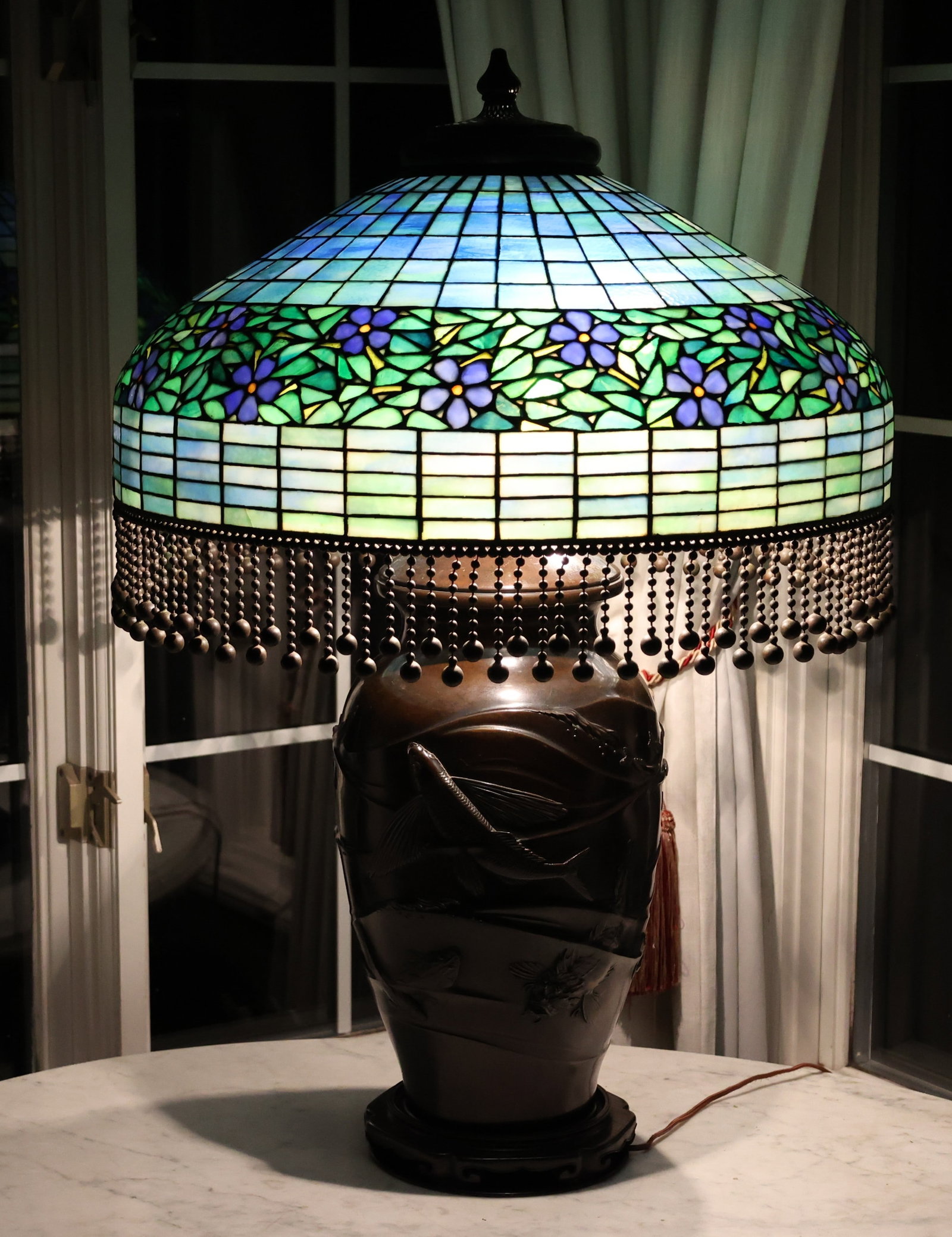 Magnificent Large Unique Art Leaded Glass Table Lamp, Bronze Base Koi Fish 24 in. Shade: Size: 36 inches height, 24 inch diameter shade, 8 in. diameter base Excellent condition.