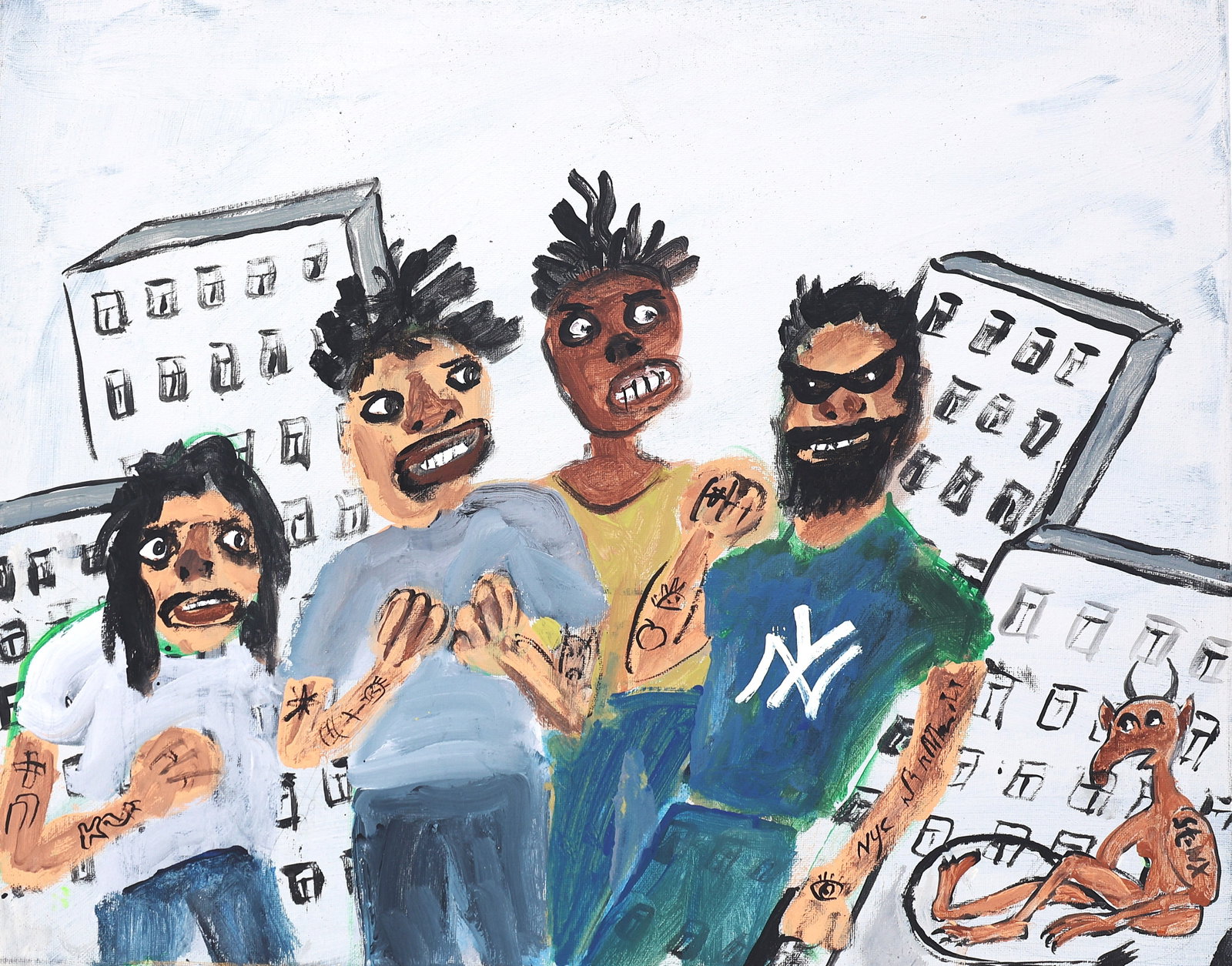 SAMO / Jean Michel Basquiat, attributed to, "NYC Beatnicks" Oil Painting. Selling attributed: Size: 16 in. x 20 in. ; SAMO / Jean Michel Basquiat, attributed to, "NYC Beatnicks" Oil Painting. Selling attributed to due to no authentification or COA. Bears SAMO signature with monogram Crown. Oil