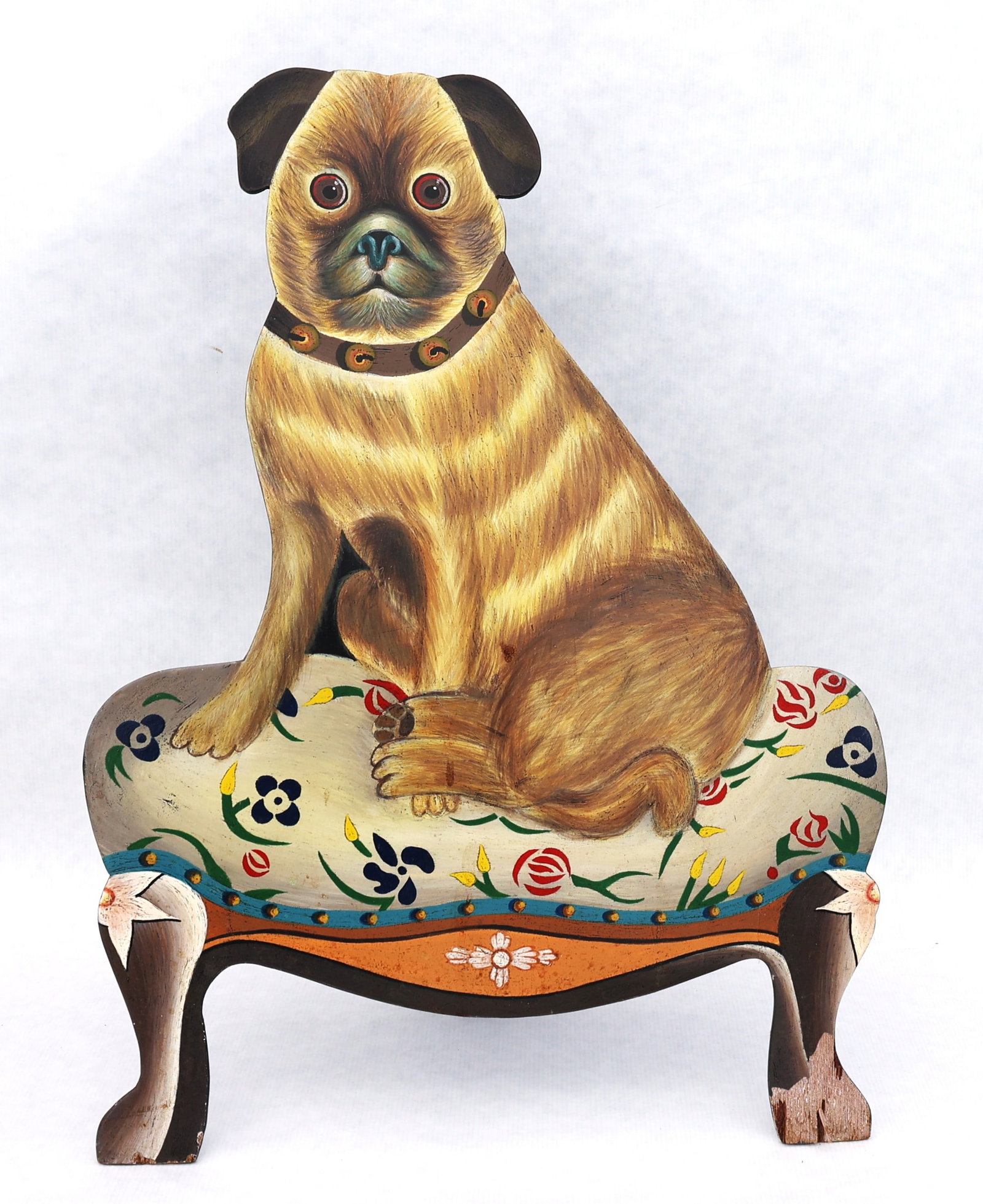 Pug dummy board folk art piece, featuring a hand-painted dog on a floral base with an easel stand (1 of 6)
