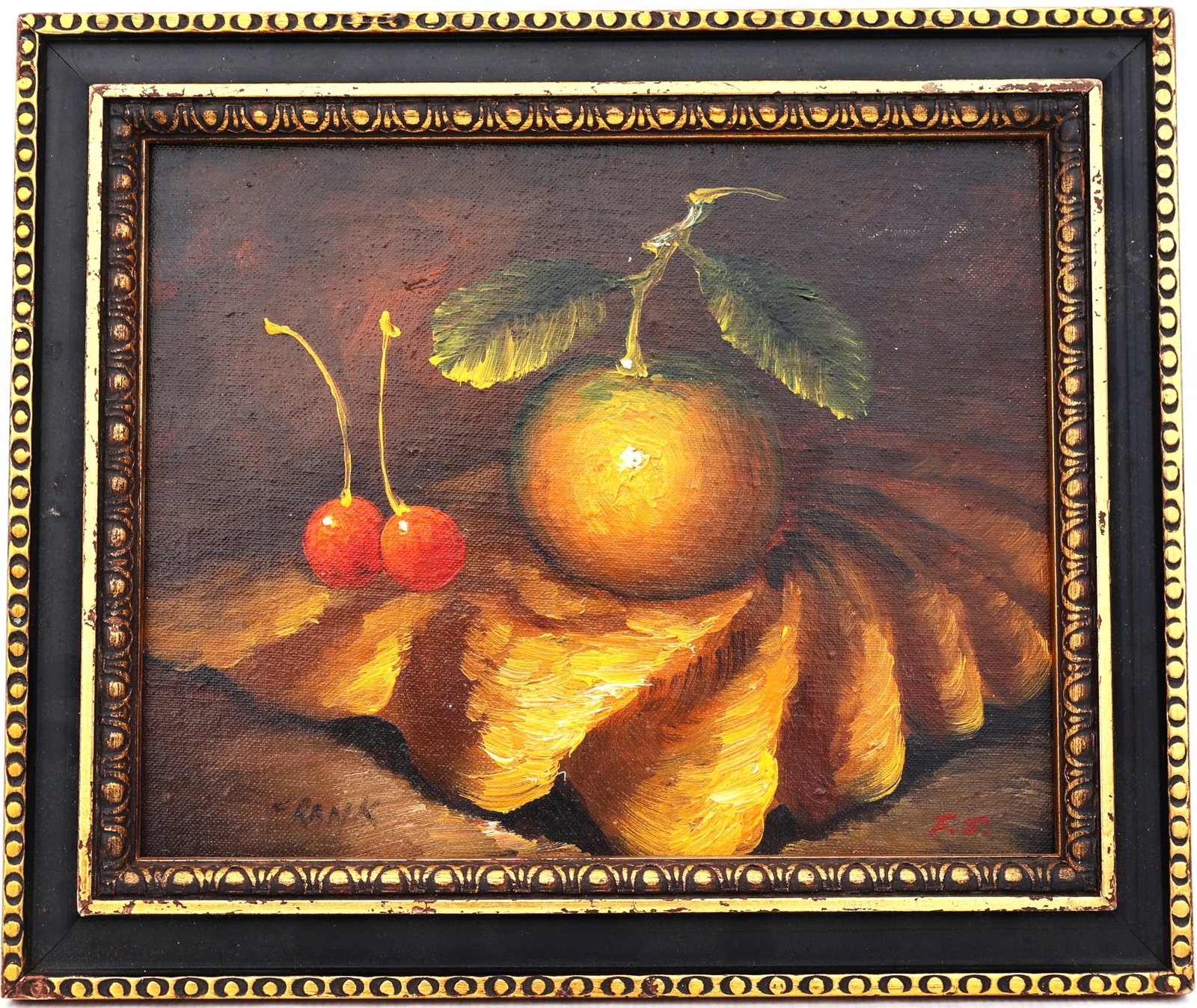 Signed Frank, F.S., Vintage Oil Painting Still LIfe Apple and Cherries: Size: image 8 in. x 10 in. ; outer frame 10.75 in. x 12.75 in. ; Signed Frank, F.S., Vintage Oil Painting Still LIfe Apple and Cherries