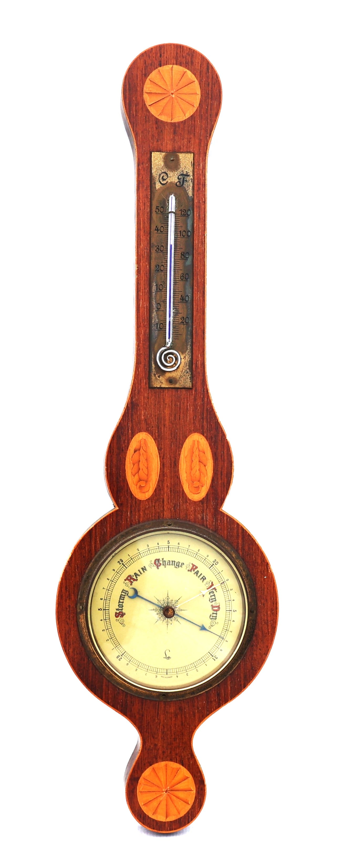 vintage Sheraton-style banjo barometer featuring mahogany wood, decorative inlays, and a thermometer (1 of 10)