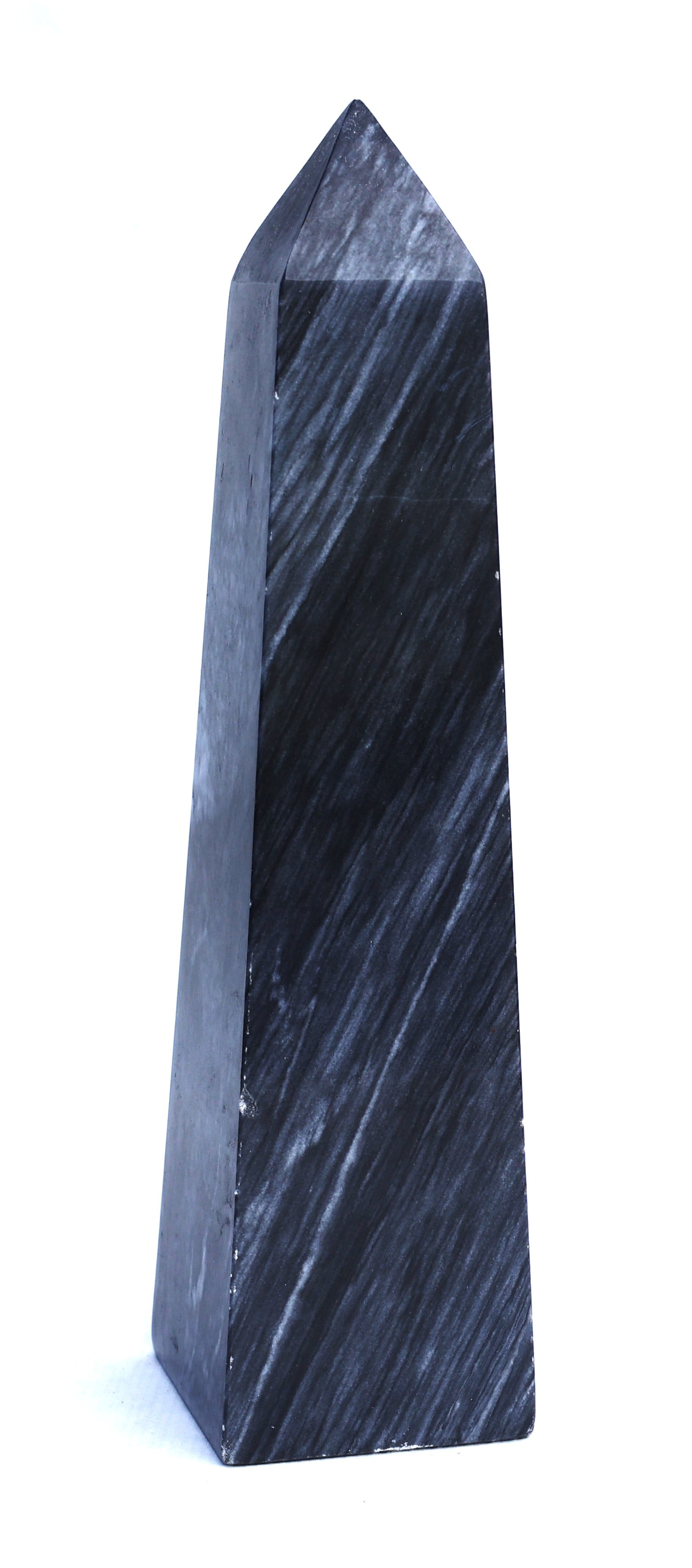 polished black marble obelisk features distinctive white veining throughout its structure (1 of 4)