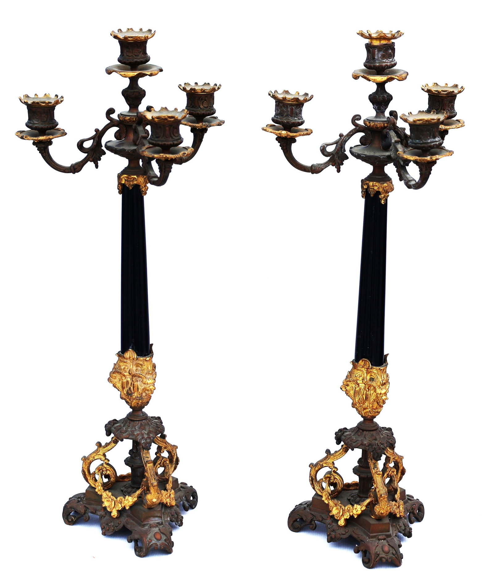 Pair Quality 19th C. Antique French Empire gilt bronze and patinated Bronze Column Candleabras: Size: 22 in. height, 8.5 in. wide; 6.5 in. base ; Pair Quality 19th C. Antique French Empire gilt bronze and patinated Bronze Column Candleabras