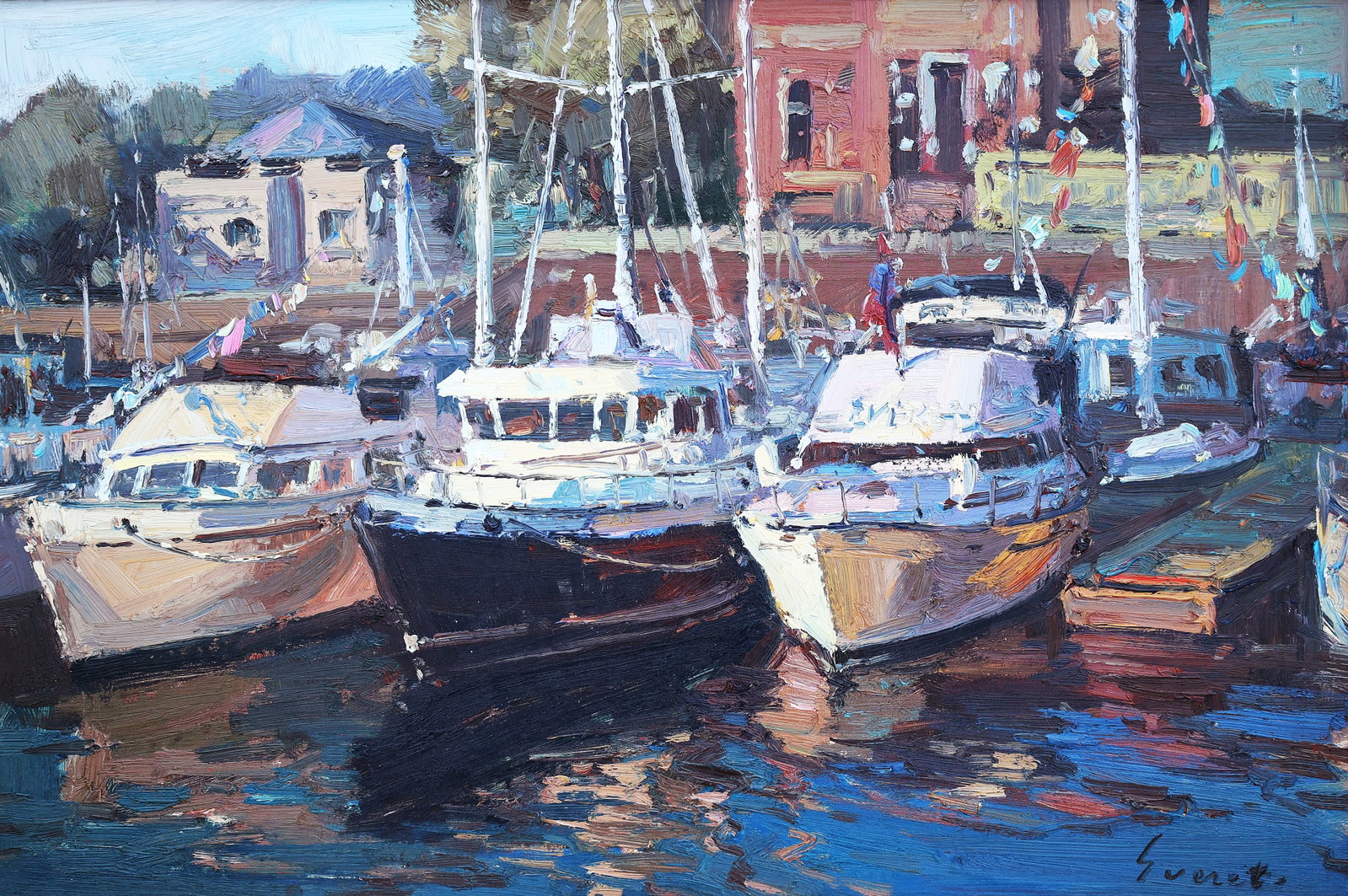 Signed Everet, several boats docked in a harbor, highlighted by vibrant colors and textured brushwo (1 of 8)
