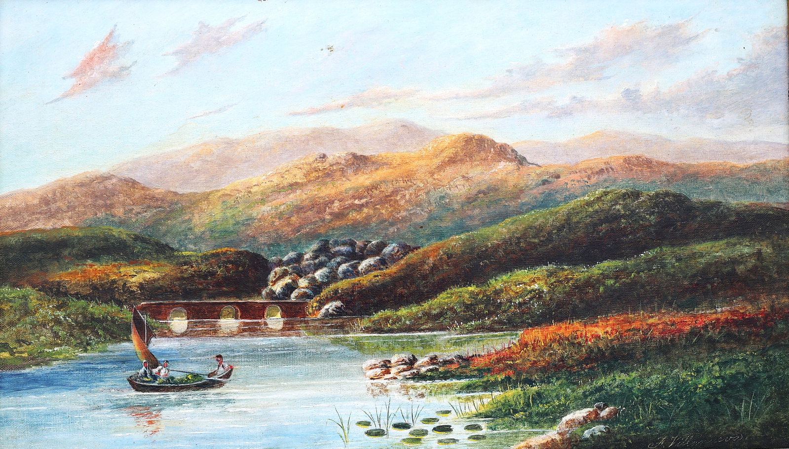 Artist Signed scene depicts a pastoral landscape with a river, a boat with figures, and a multi-arch (1 of 9)
