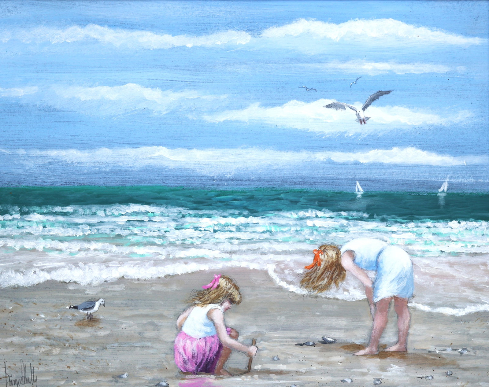 George Shelley oil on board Young Girls at The Beach Shore, Signed, Framed: Size: image 16 in. x 20 in.; outer frame 24 in. x 28 in.; George Shelley oil on board Young Girls at The Beach Shore, Signed, Framed