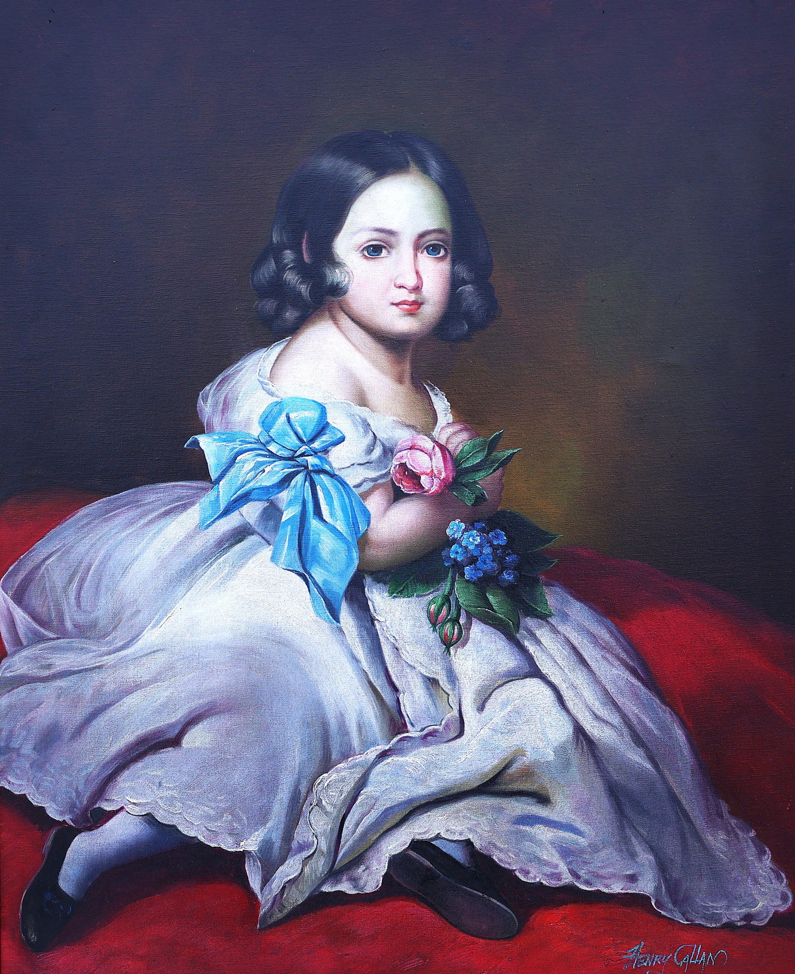 Signed Henry Callan, 20th C Oil Painting Young Girl in a White Gown, Framed (1 of 7)