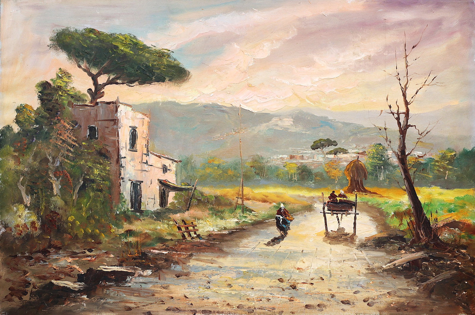 Italian Landscape oil on canvas painting depict scenic country roads, rustic buildings, and local fi (1 of 5)