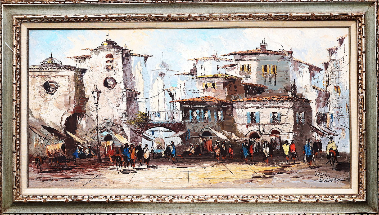 oil on canvas painting of a Spanish street scene signed by listed artist Pablo España.The artwork, (1 of 8)