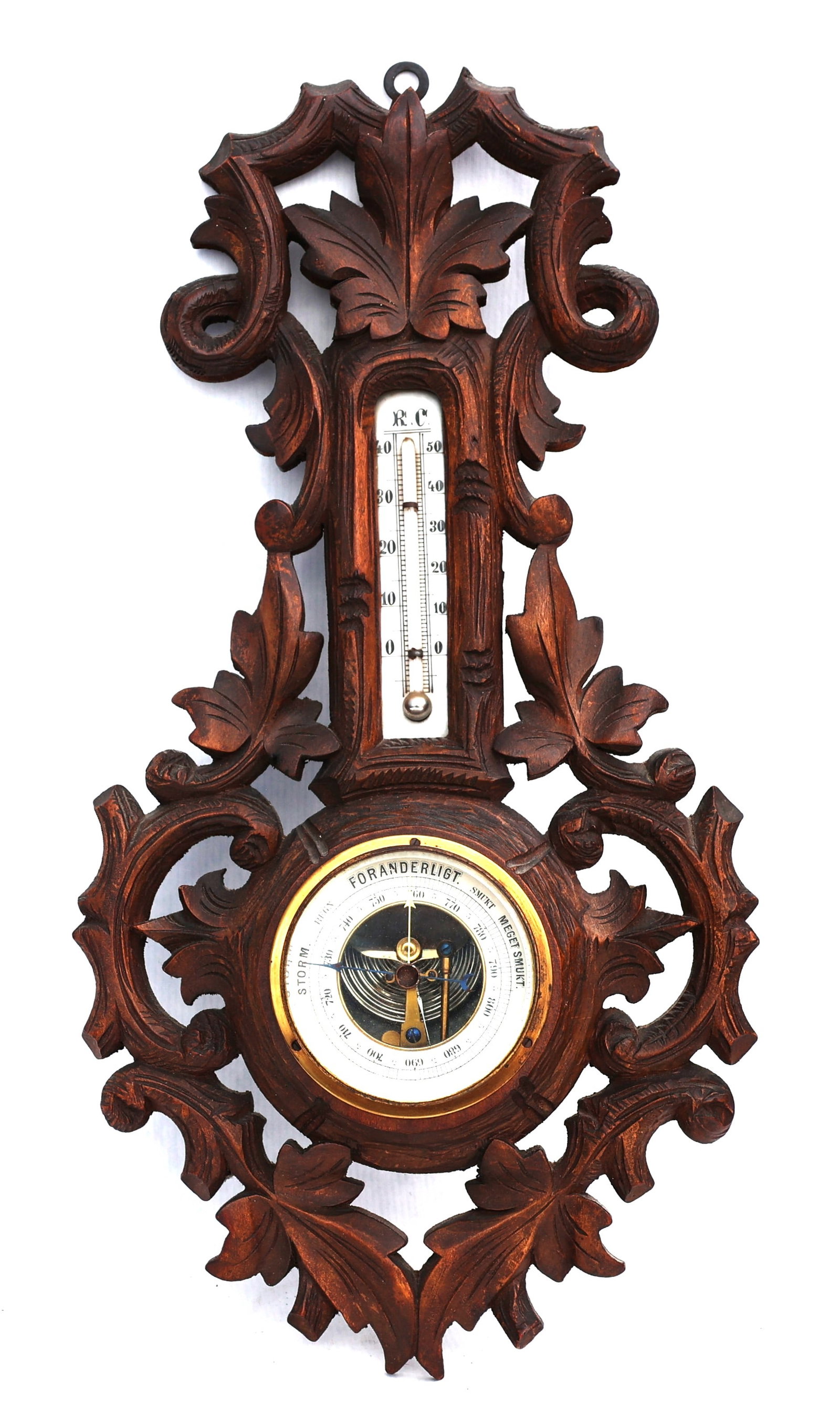 antique Victorian Black Forest aneroid barometer with a thermometer, often featuring intricate hand: Size: 17 1/2 in. x 9 in. ; antique Victorian Black Forest aneroid barometer with a thermometer, often featuring intricate hand-carved walnut or oak wood.Similar items are classified as wall-mounted we