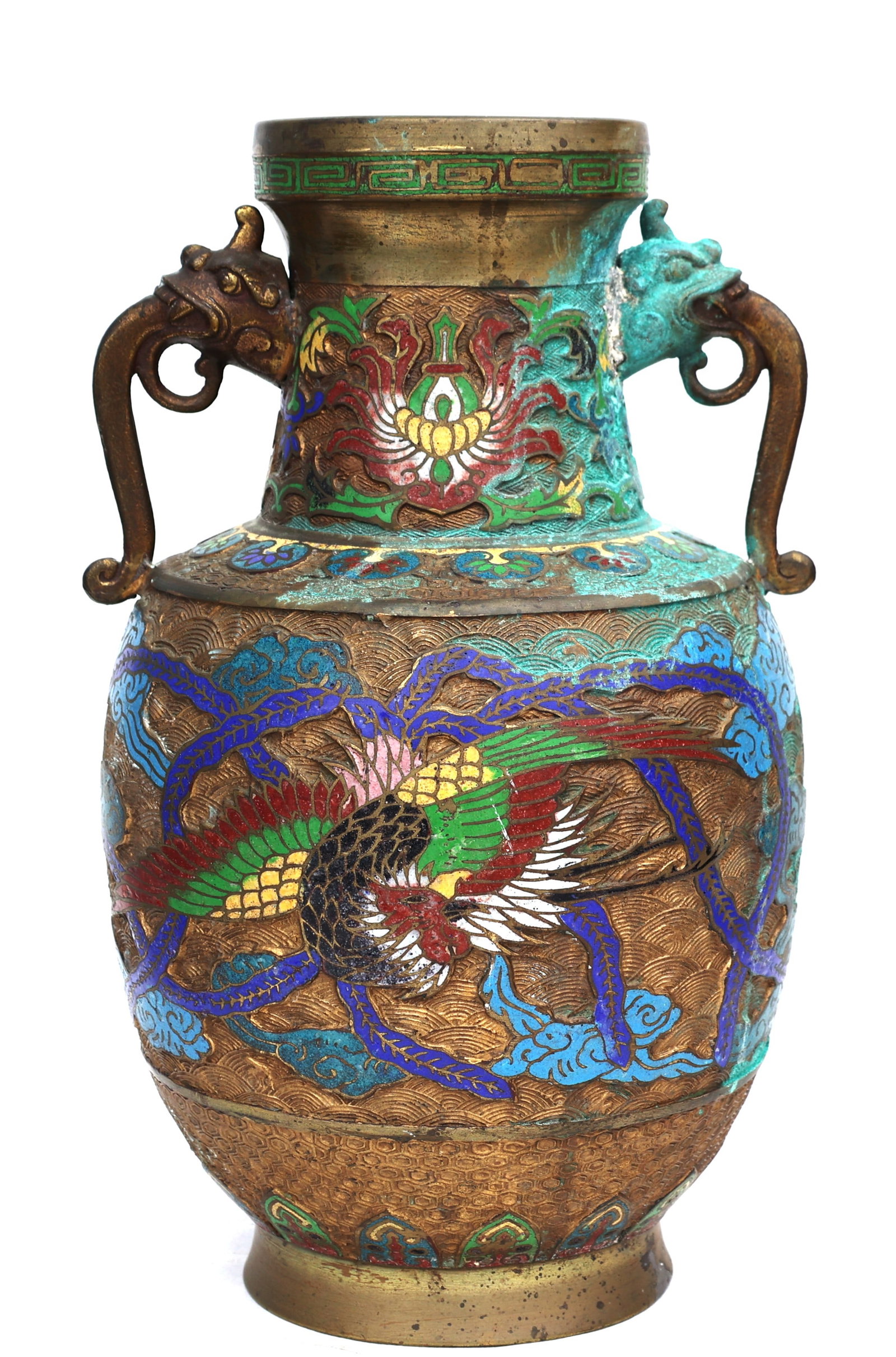 vintage Japanese champlevé enamel vase featuring a bird motif and dragon-shaped handles.: Size: 14 1/2 in. height x 9 in. wide ; vintage Japanese champlevé enamel vase featuring a bird motif and dragon-shaped handles.
