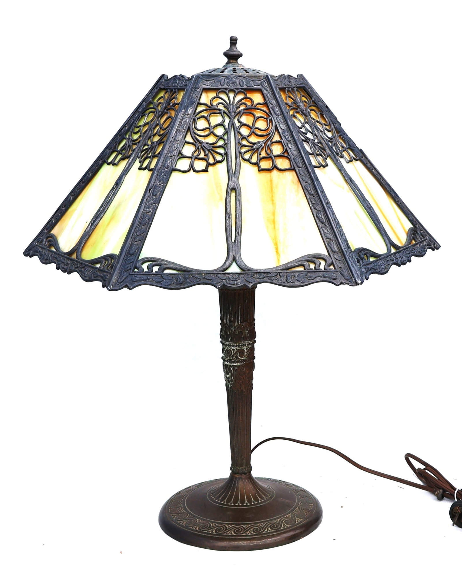 Miller Lamp Co, 6-Panel Slag Glass Overlay Shade Table Lamp, Glass All Good, Original (1 of 10)