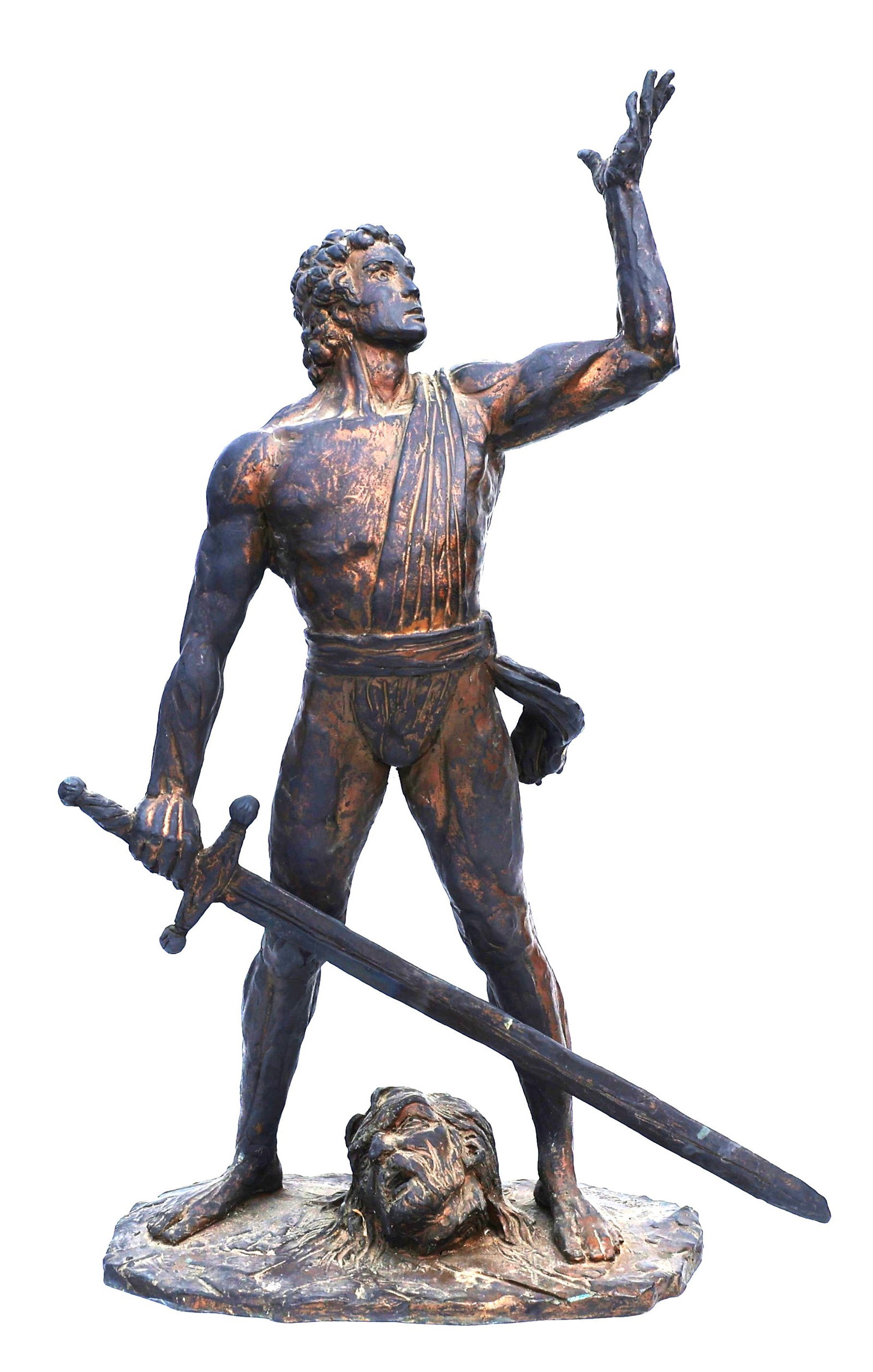 Signed Ispanky, Bronze Sculpture young warrior triumphantly standing over a defeated foe (1 of 8)