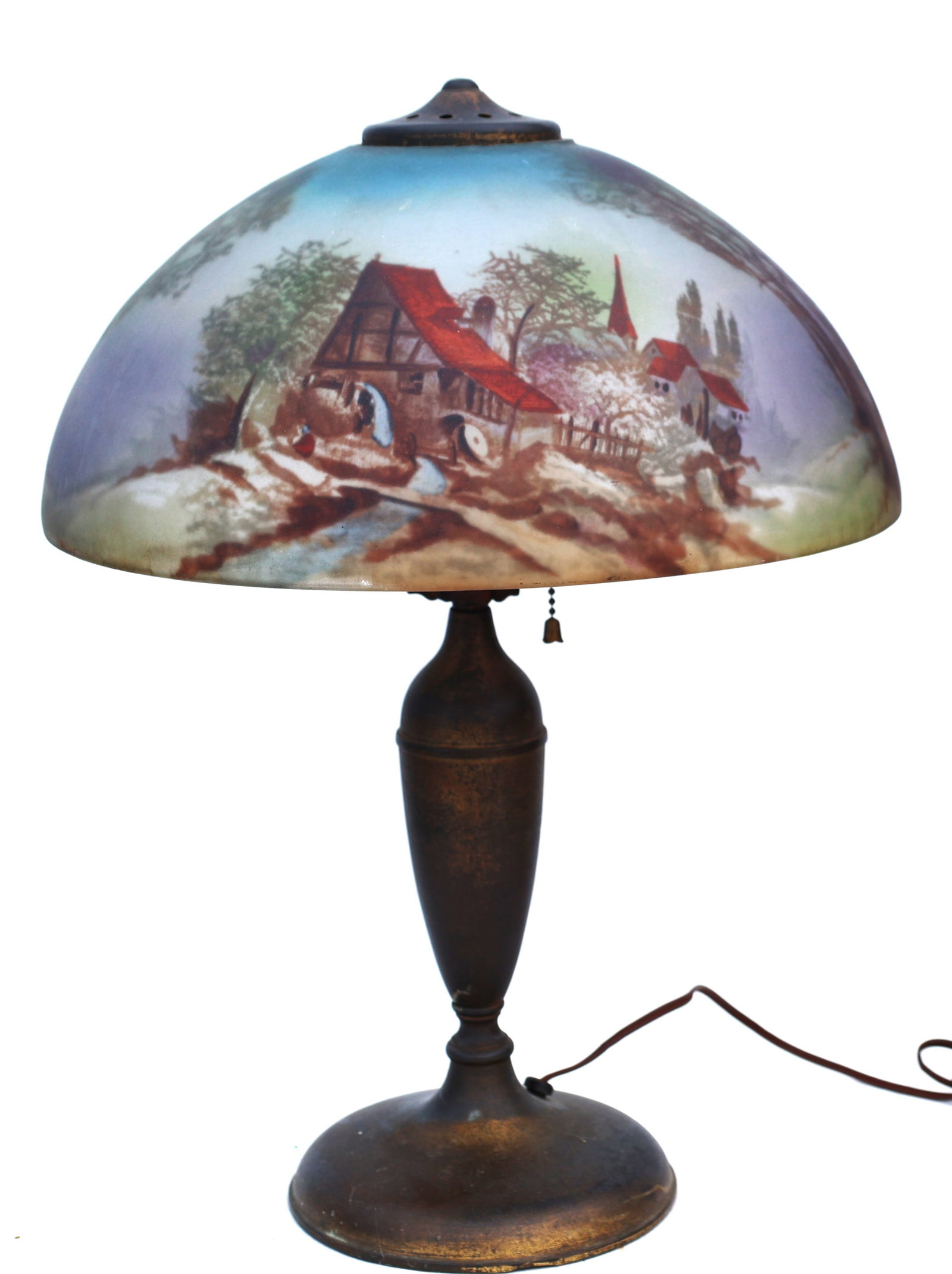 antique reverse-painted table lamp featuring a rural winter scene on a glass shade (1 of 9)