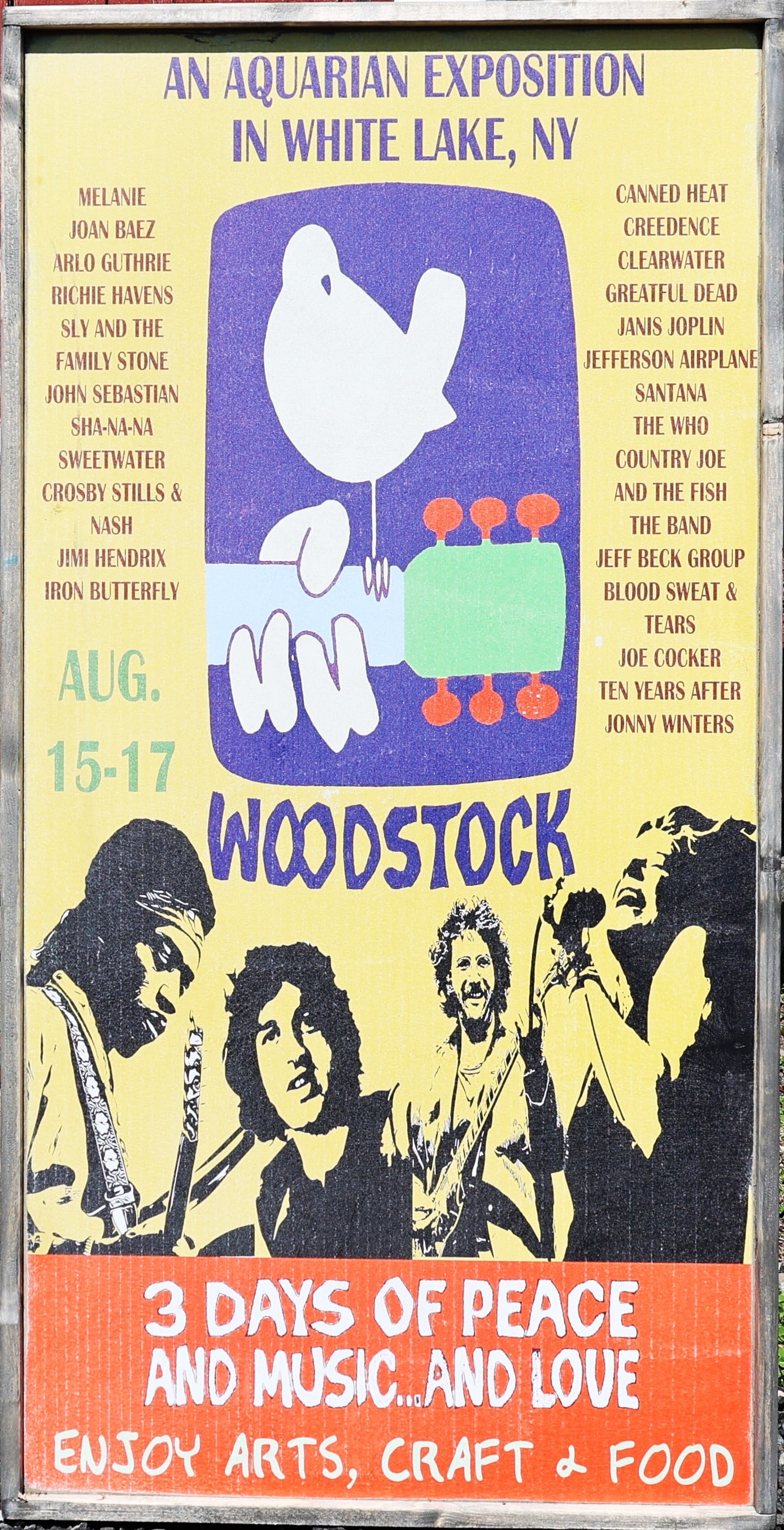 Large Wood Printed Sign WOODSTOCK An Aquarian Exposition in White Lake NY. 3 Days of Peace and Music (1 of 5)