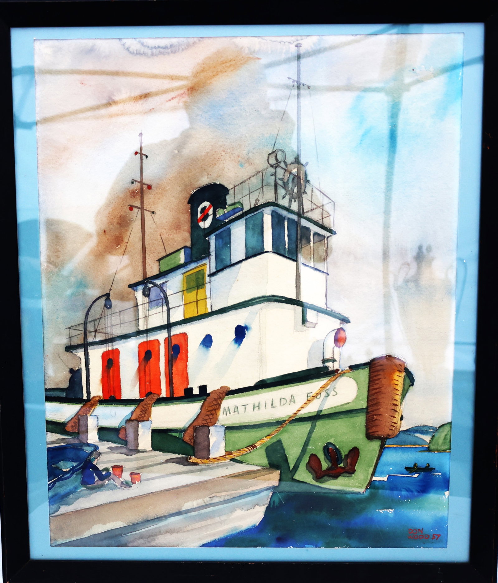 Don Wood 1957, watercolor painting features the "MATHILDA FOSS" tugboat docked at a harbor (1 of 6)