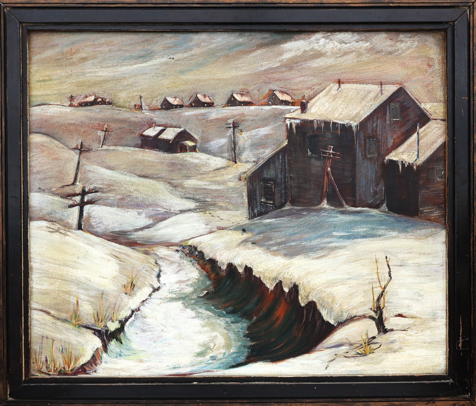 Daniel Lee Kuruna, American, Oil Painting Winter Landscape, Signed on Verso: Size: image 25 in. x 30 in. ; outer frame 29 in. x 34 in. ; “Daniel Lee Kuruna was born July 22, 1919, in Pittsburgh, a son of the late Ivan and Mary Kuruna. He was preceded in death by his wife Vir