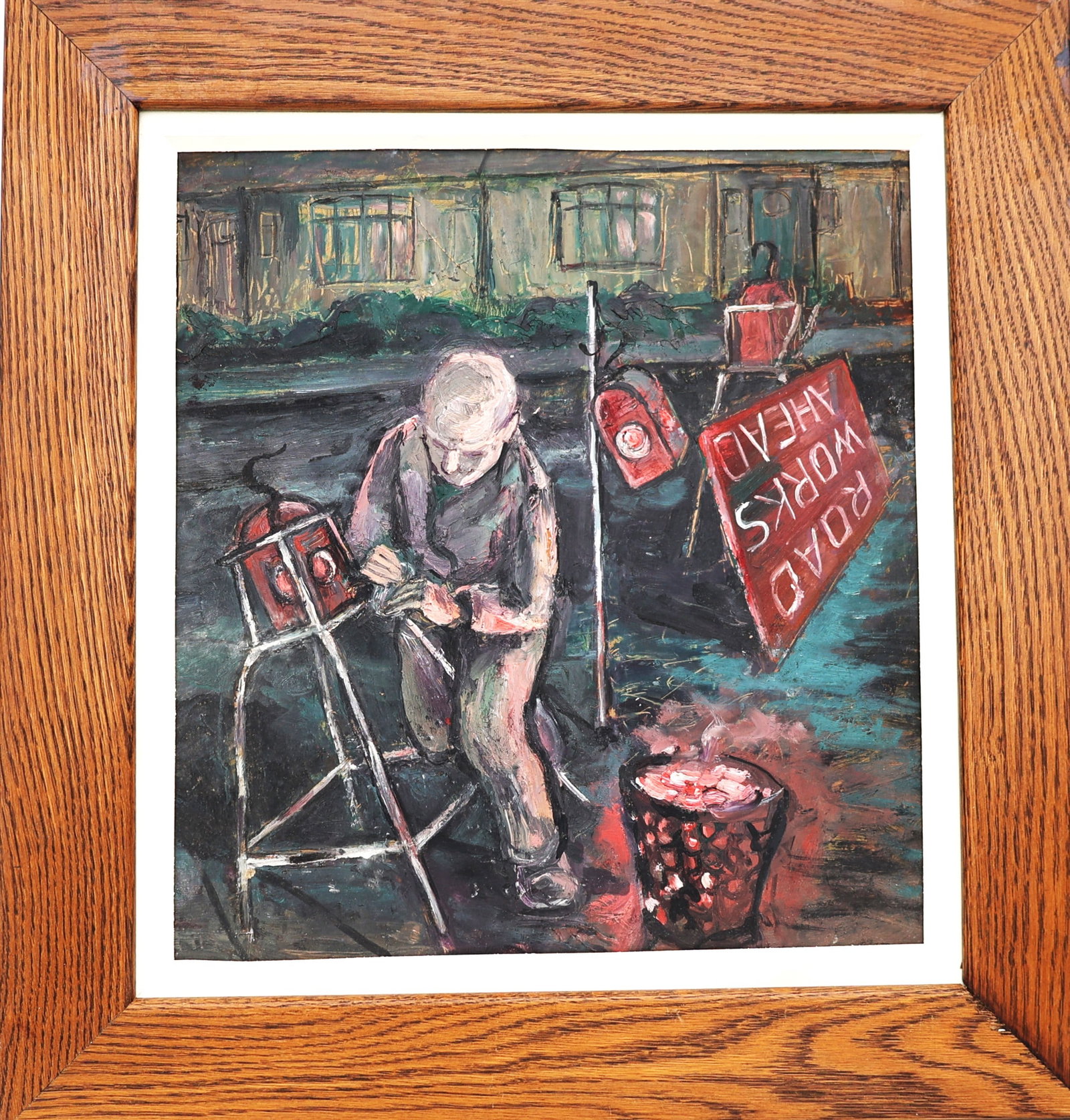 Vintage Oil Painting "Road Works Ahead" sign, which is consistent with the industrial themes (1 of 6)