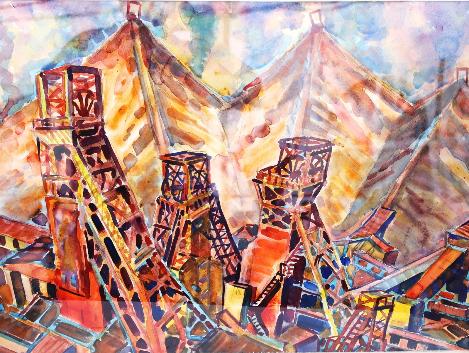 This industrial landscape watercolor painting appears to be a depiction of coal mine headframes, sha: Size: image 19 in. x 26 in. ; outer frame 24 in. x 31 in. ; This industrial landscape watercolor painting appears to be a depiction of coal mine headframes, sharing stylistic similarities with works d