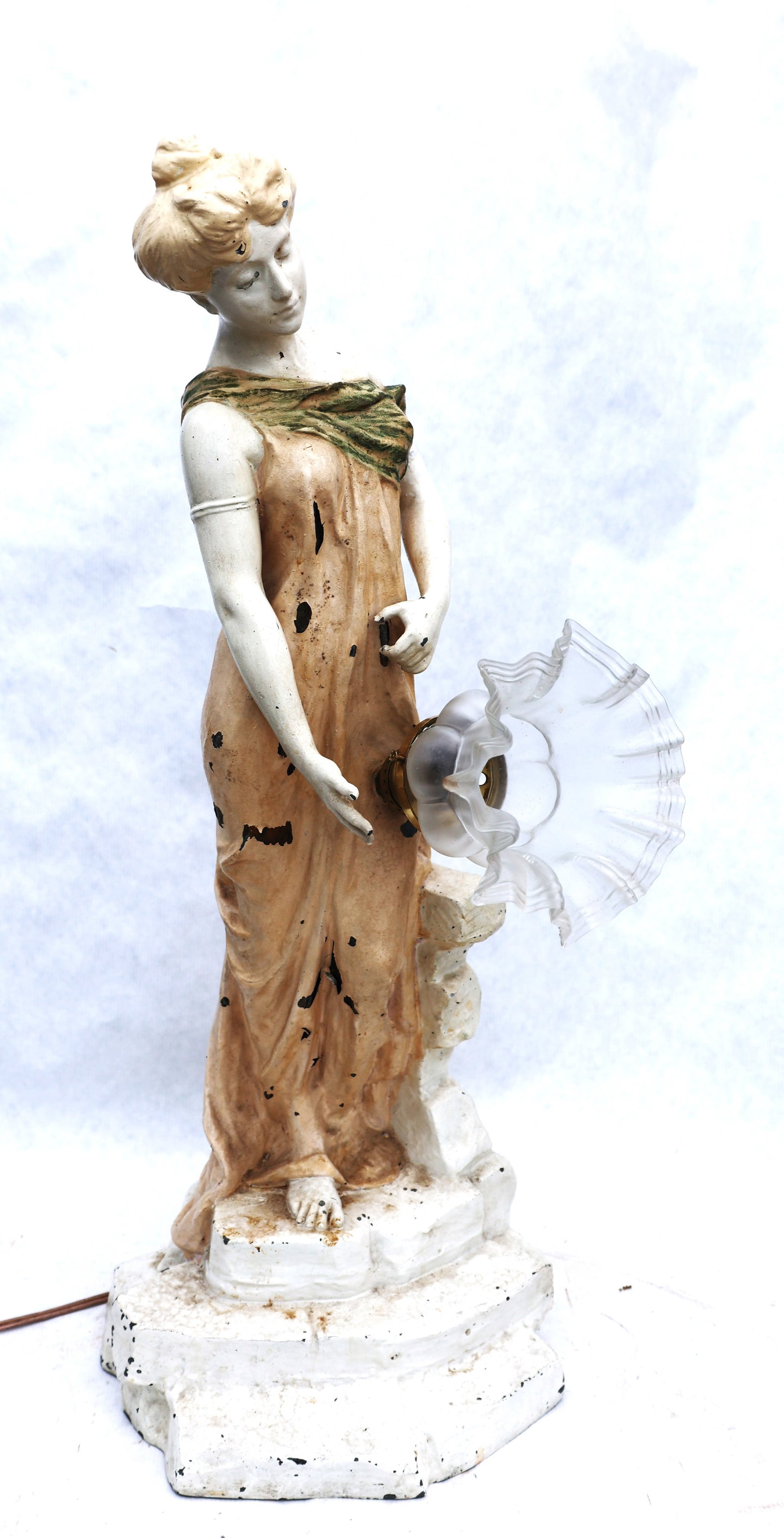 Art Nouveau figural statue, cast spelter metal, featuring a lady holding a lamp; Artist Signed (1 of 10)