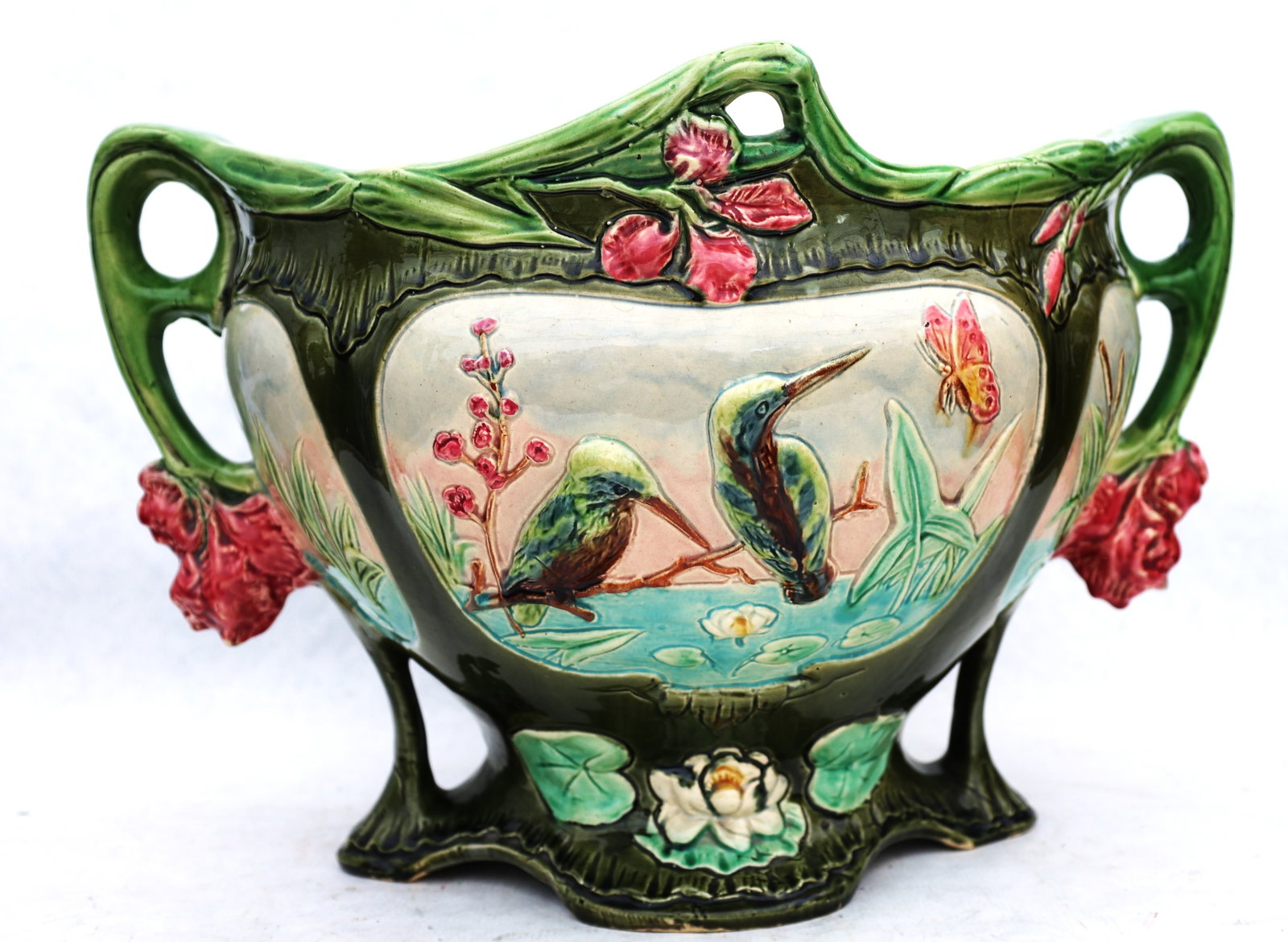 majolica Gustave De Bruyn Art Nouveau barbotine cachepot from Belgium, likely produced in the late 1 (1 of 10)