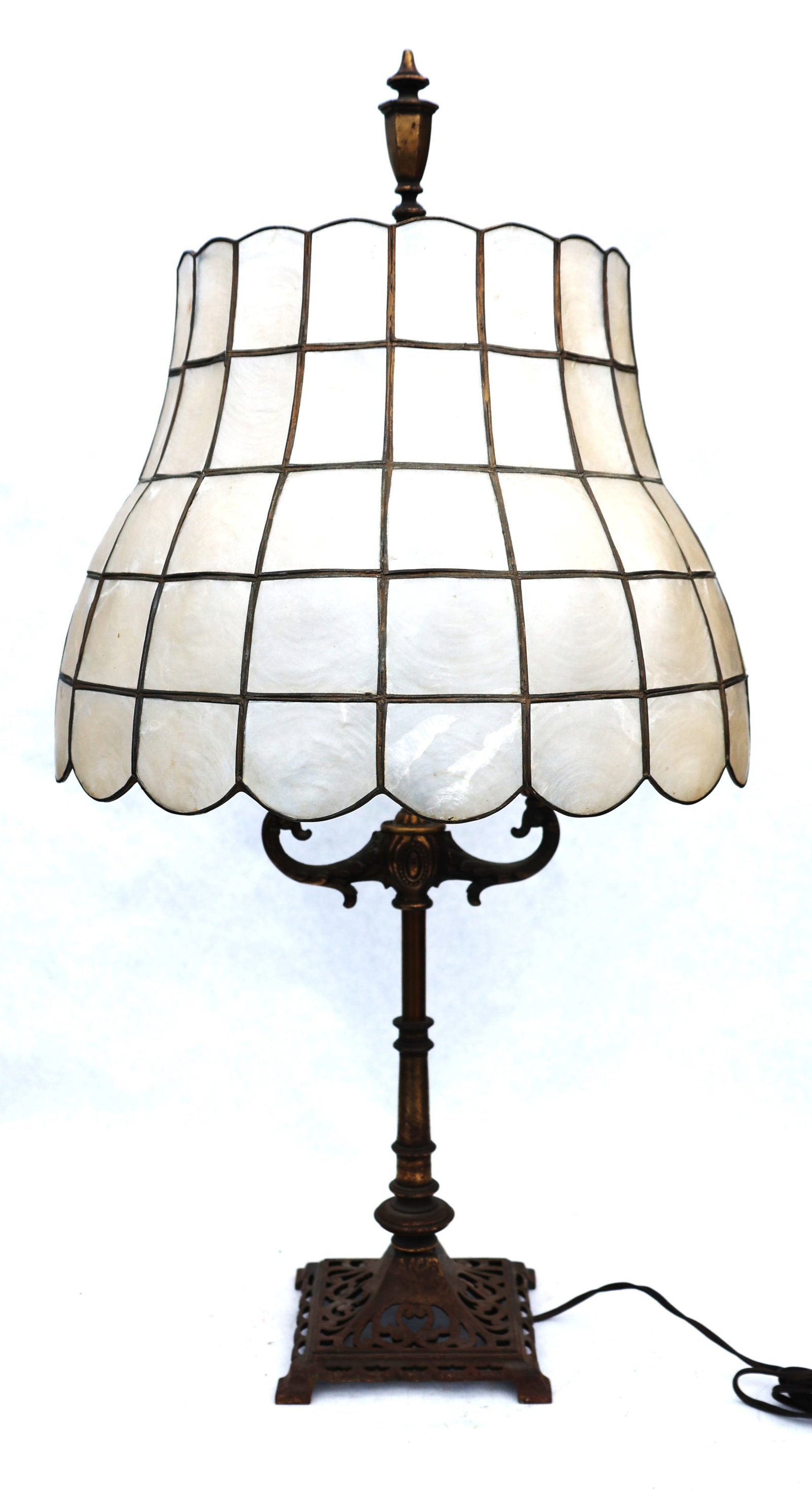 vintage capiz shell lamp features a grid-patterned shade made from polished windowpane oyster shells (1 of 9)