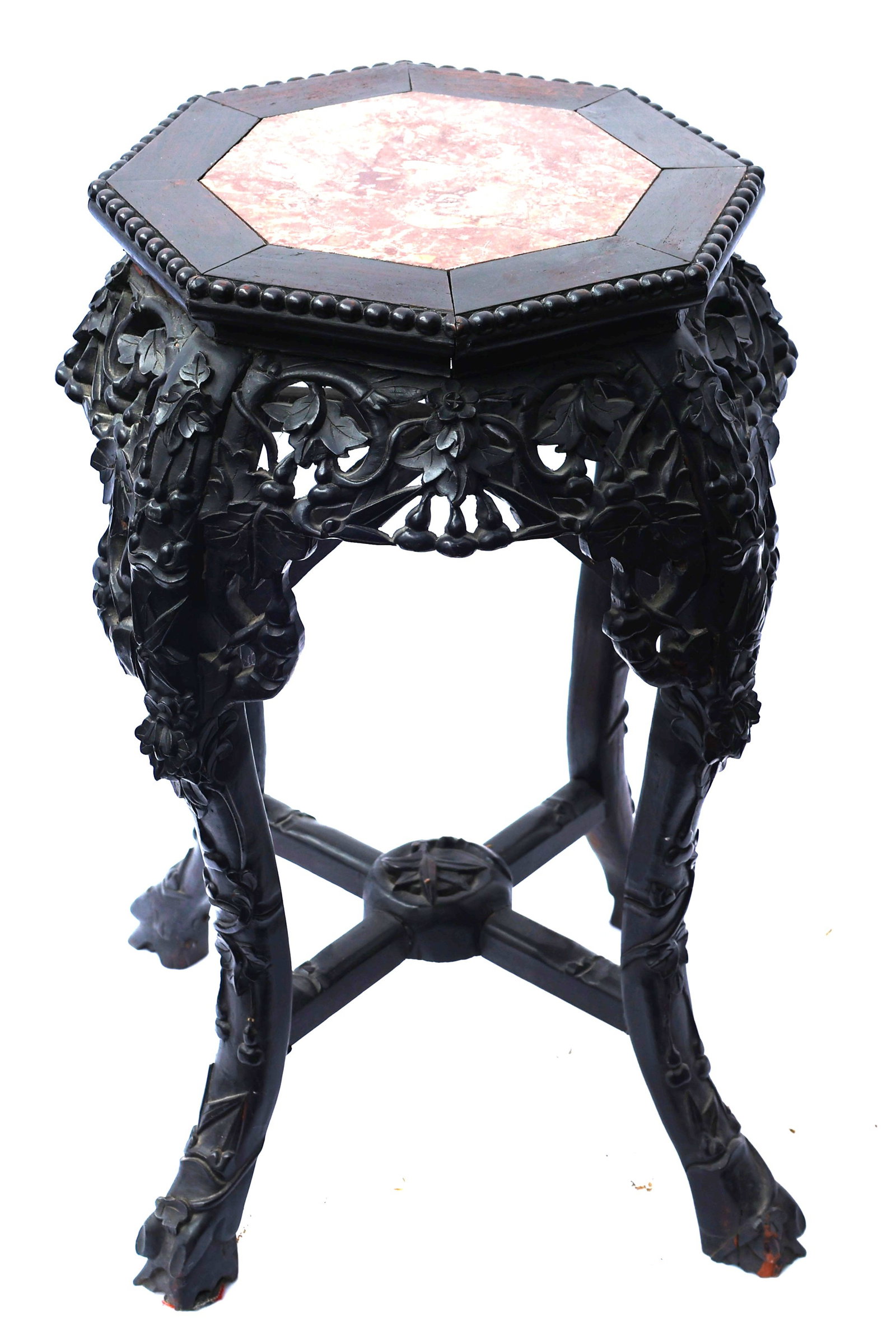 This is a Chinese hand-carved hardwood plant stand featuring an inset marble top. (1 of 6)