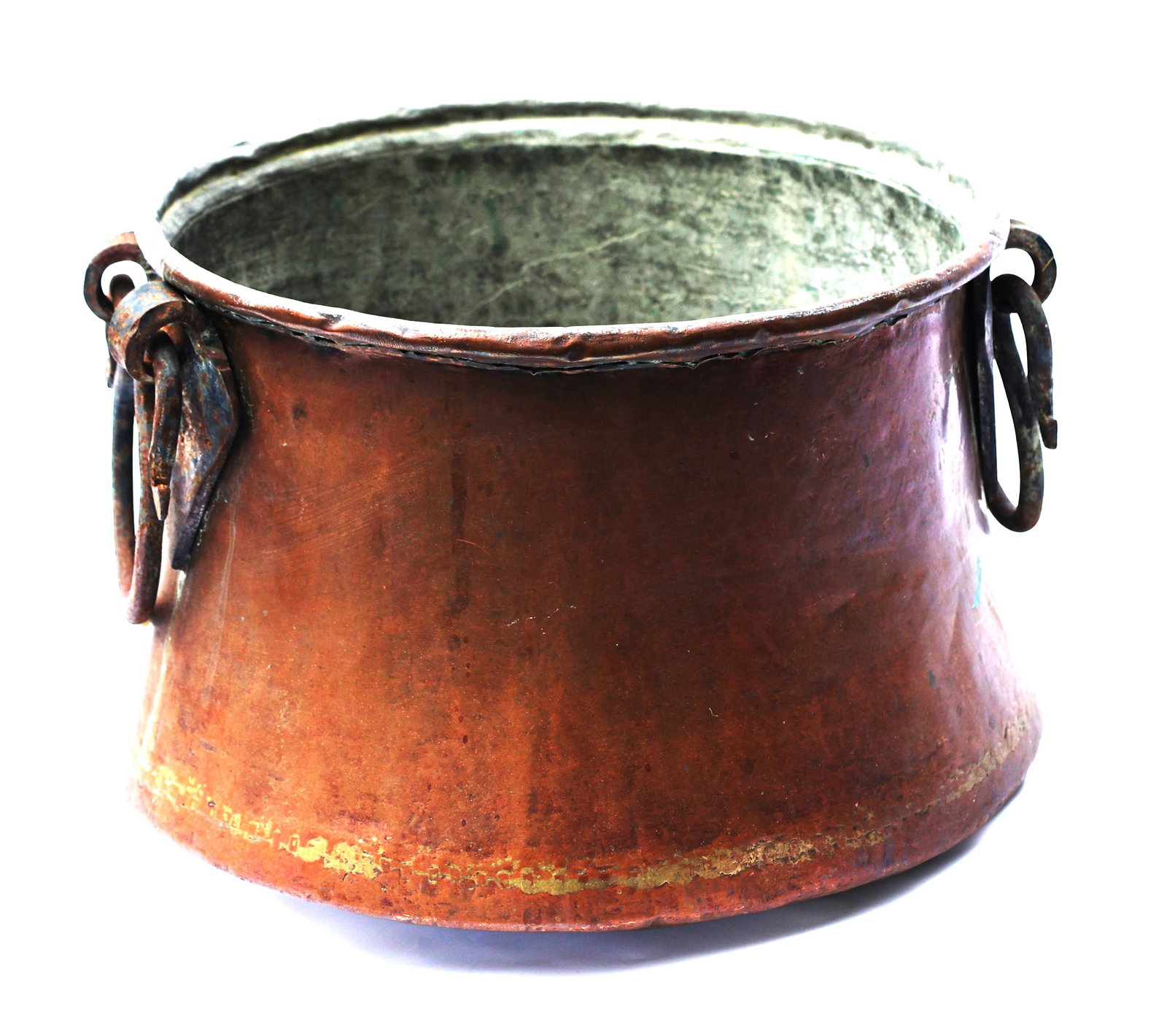 antique bale handle pot-bellied copper pot featuring sturdy iron side handles for hanging.It likely (1 of 6)