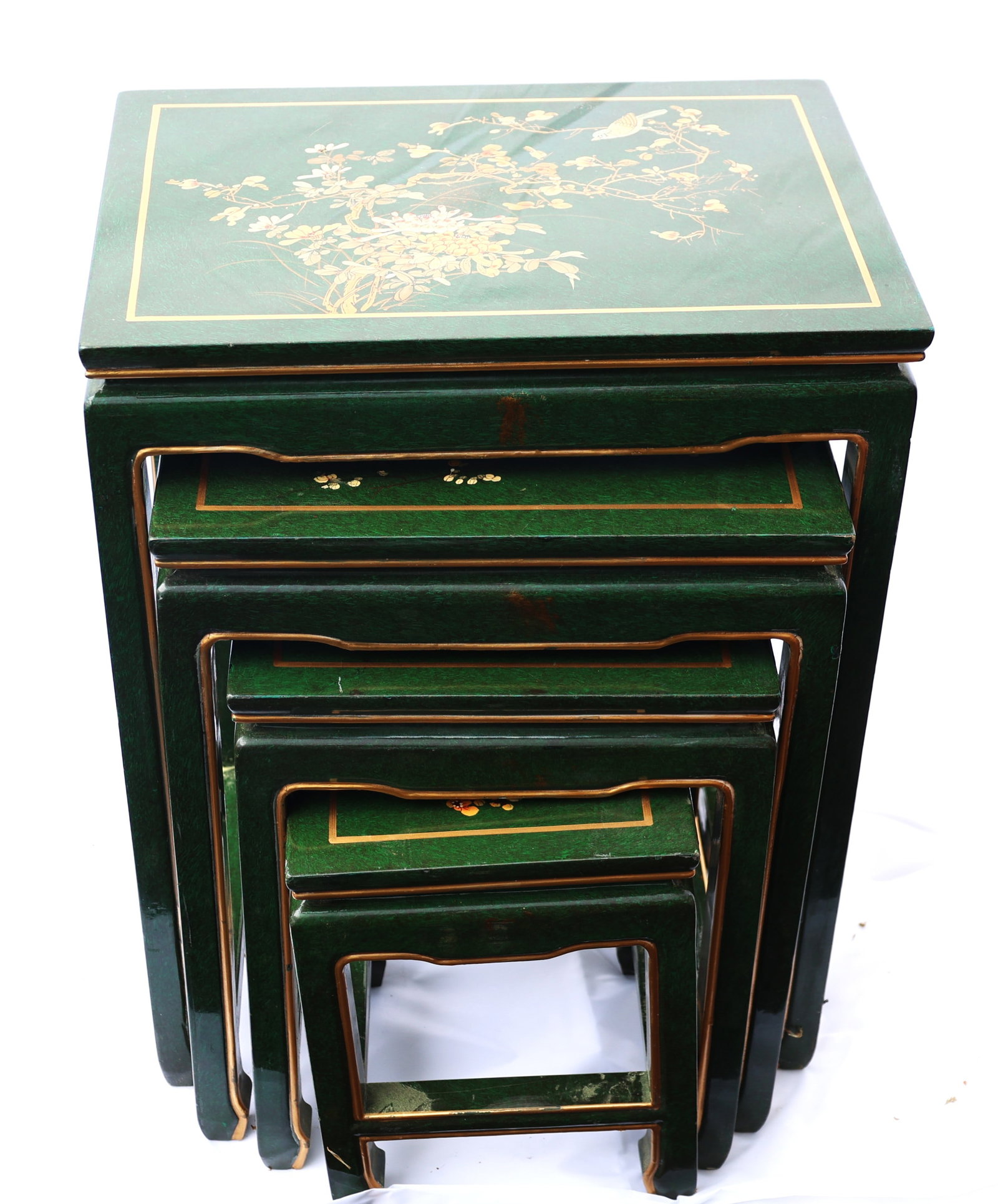 green lacquered nesting table set features hand-painted Chinoiserie floral designs and gold-leaf acc (1 of 5)