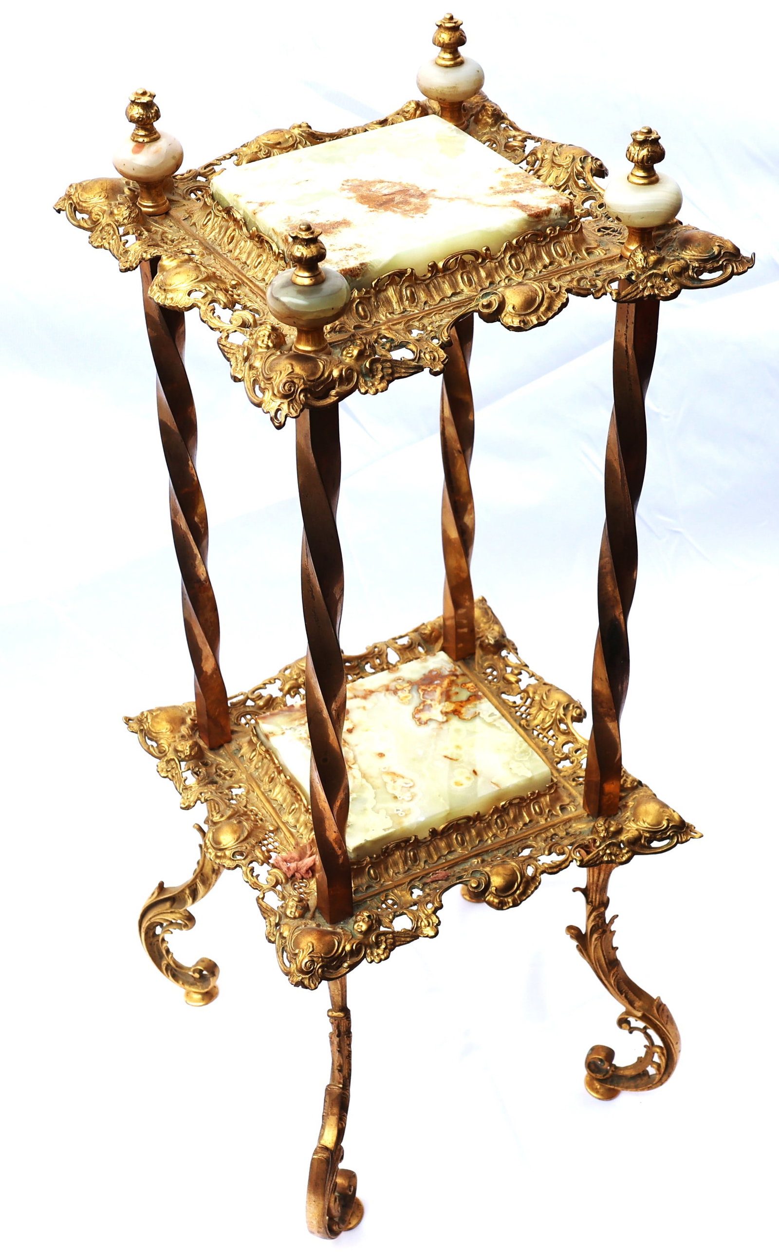 19th-century bronze and onyx plant stand featuring ornate, scrolled cast iron and twisted columns (1 of 7)