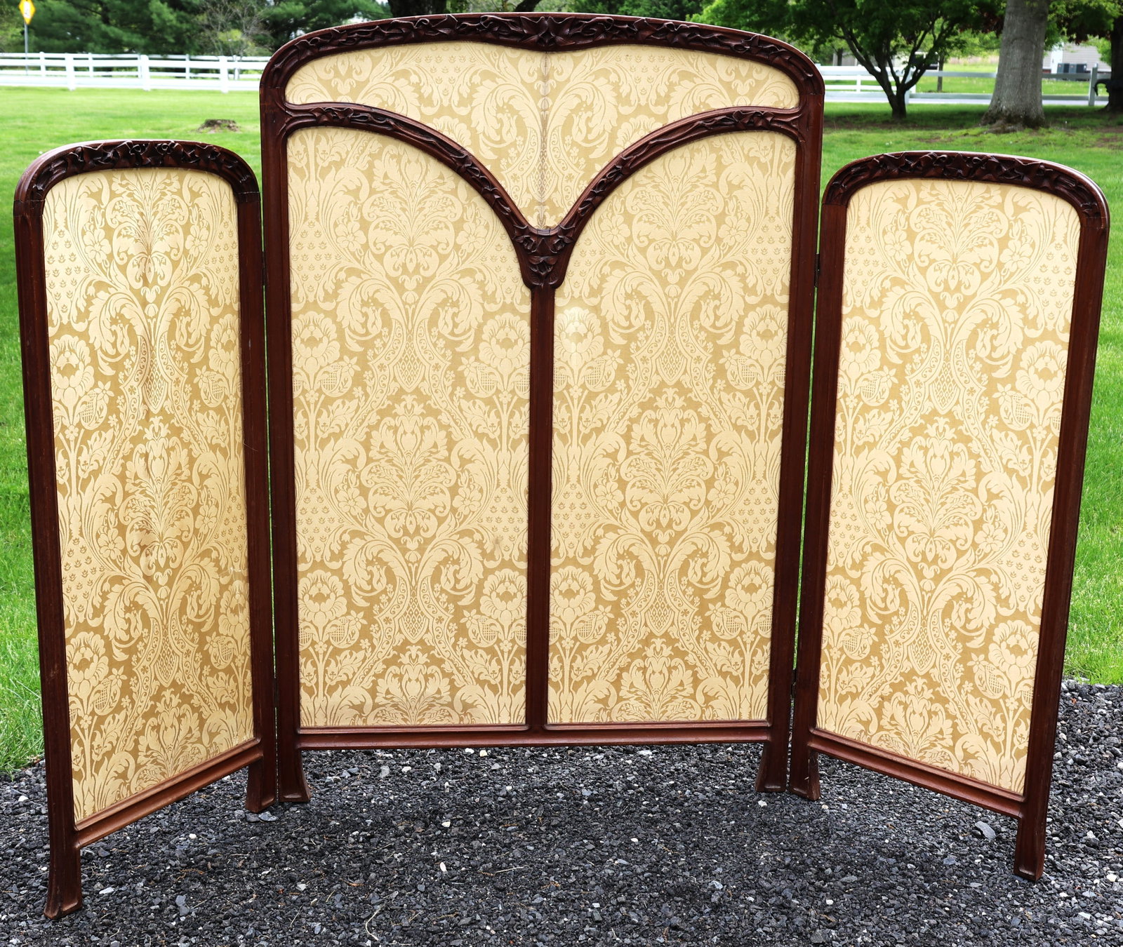 antique French three-panel folding screen features carved mahogany wood and damask fabric upholstery (1 of 9)