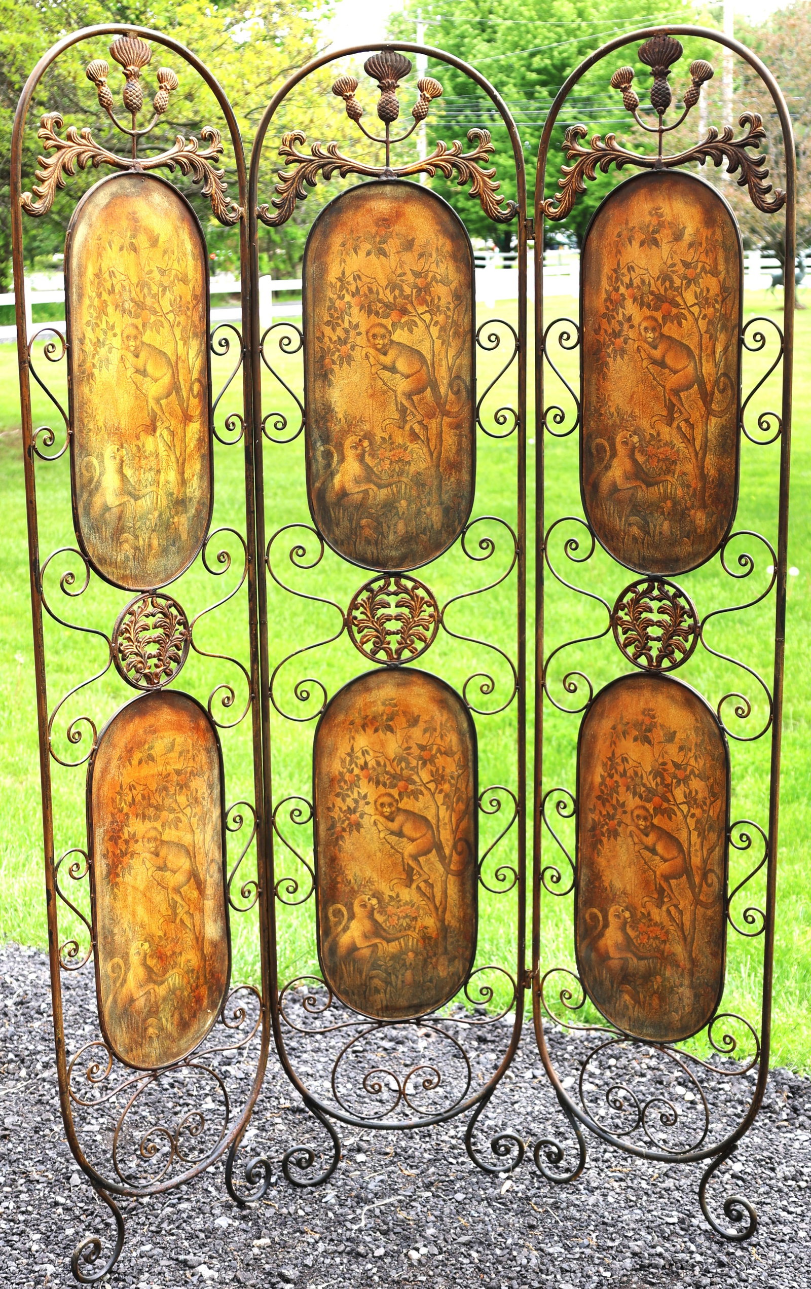 This vintage wrought iron screen features a whimsical "monkey jungle" theme painted on six panels, s (1 of 8)