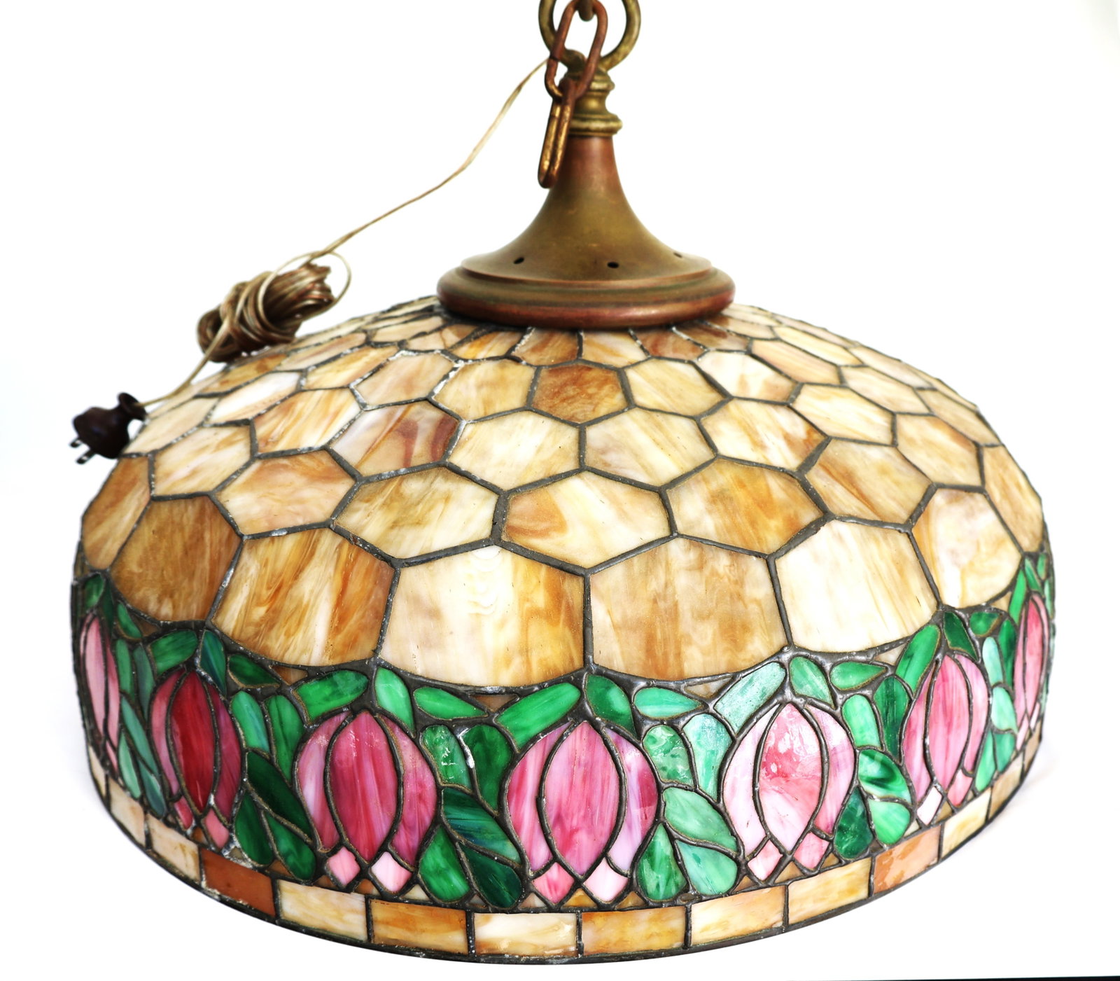 Duffner & Kimberly stained glass hanging lamp, pink tulip border, hexagonal panel design (1 of 12)