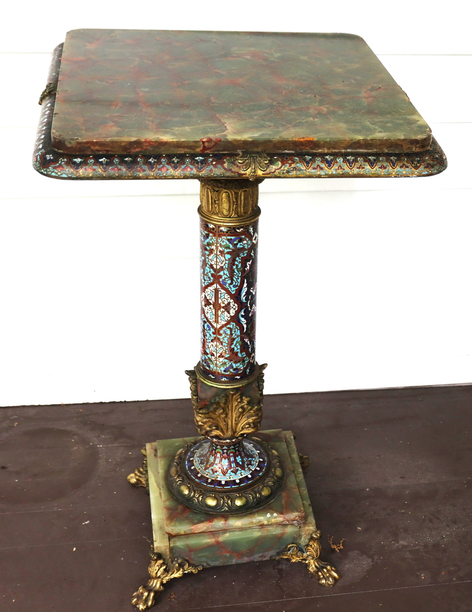 19th C. High Quality French ormolu, green onyx and champleve enamel side table: Size: ; 19th C. High Quality French ormolu, green onyx and champleve enamel side table