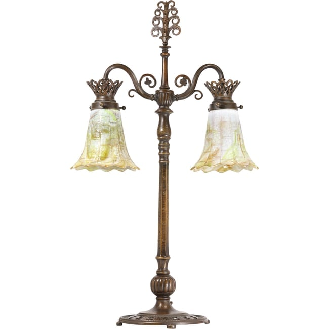 Signed Oscar Bach Bronze Double Light Desk Lamp with Art Glass Shades: Size ; Signed Oscar Bach Bronze Double Light Desk Lamp with Art Glass Shades