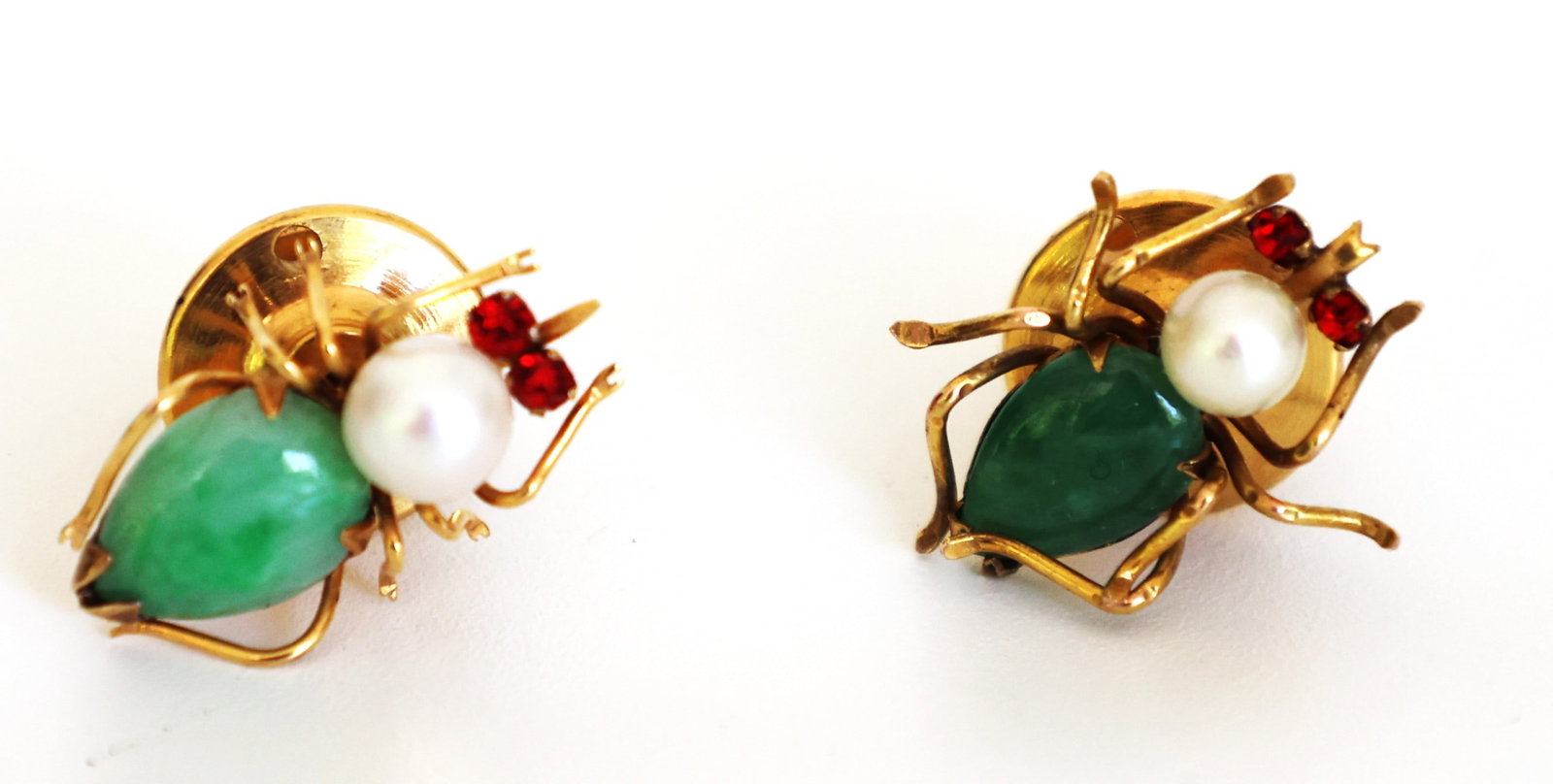3.42 DWT [2] 14K Gold BUGS Pins with Freshwater Cultured Pearls, Jade Bodies, Red Eyes (1 of 4)