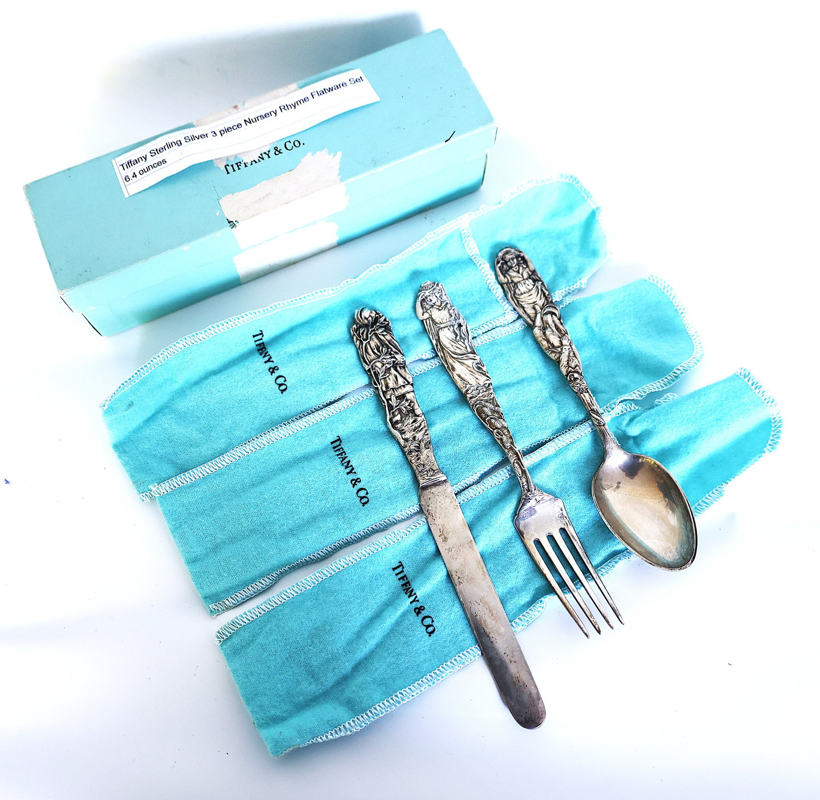 Tiffany & Co 6.4 Ounces Sterling Silver 3-Piece Nursery Rhyme Fork, Spoon, Knife Set in Box (1 of 7)
