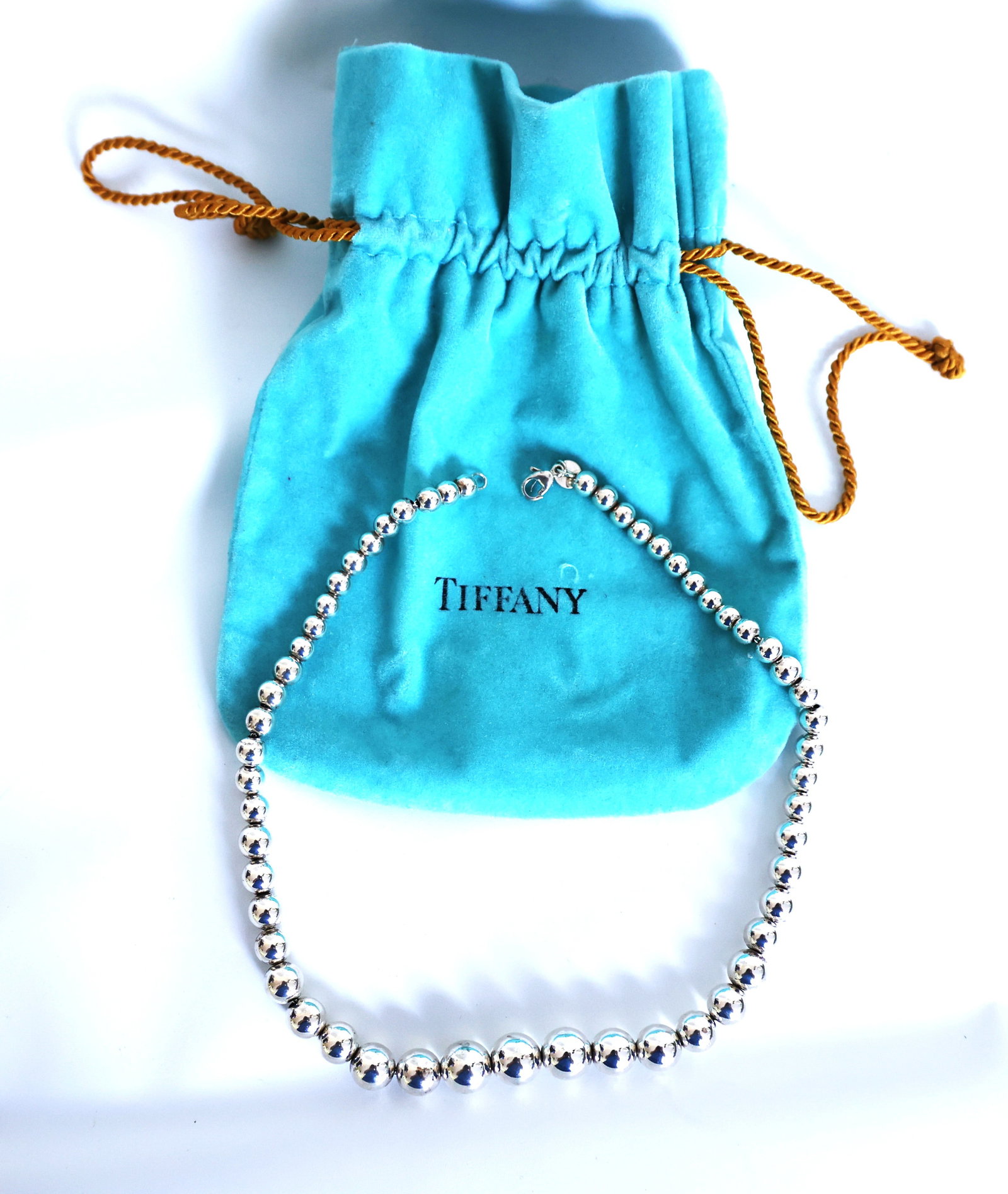 Tiffany & Co .925 Sterling Silver 28 Grams Hardware Graduated Beads Necklace 16 in., Fabric Pouch (1 of 4)