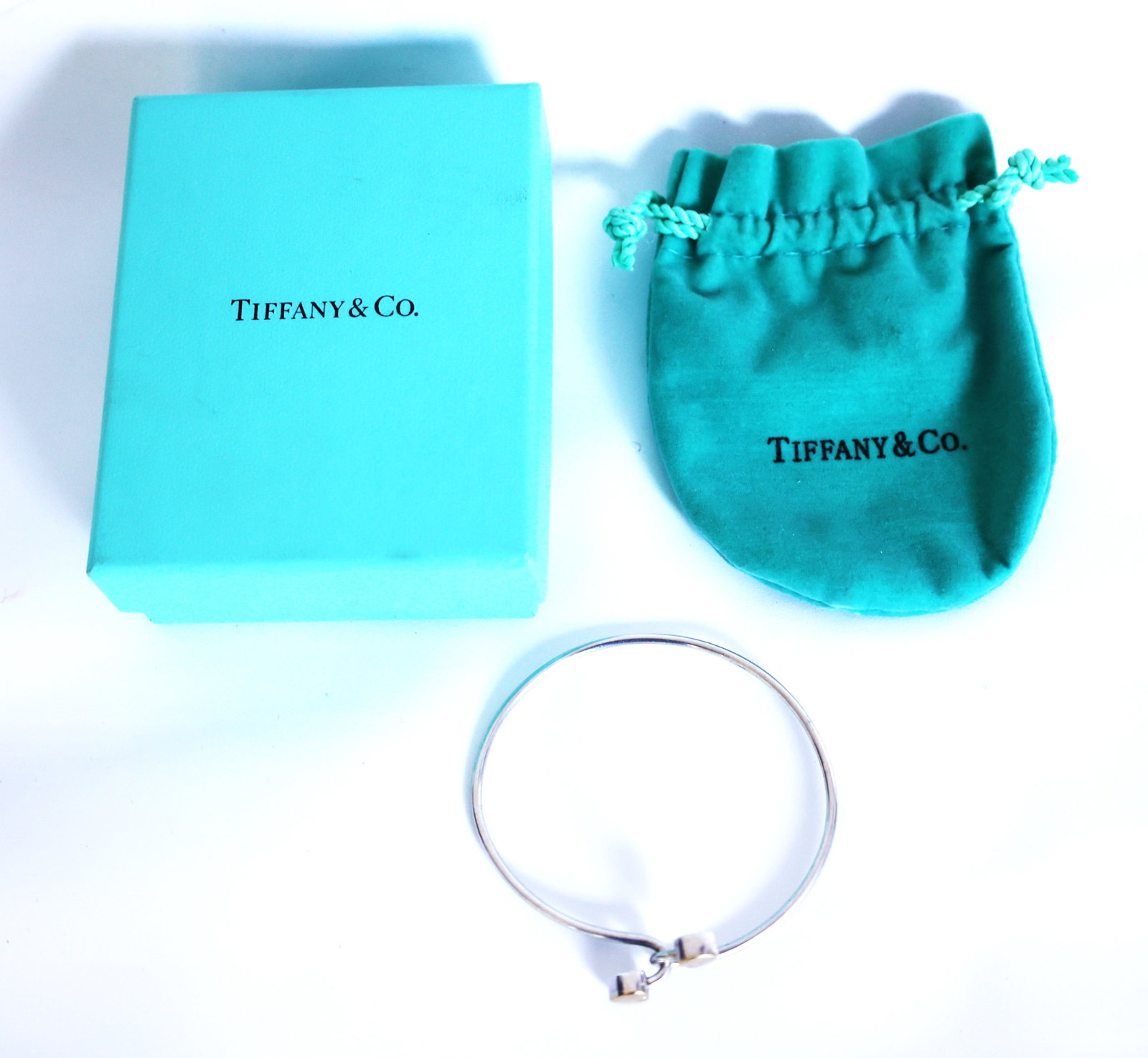Tiffany & Co .925 Sterling Silver and 750 [18K Gold] 9 Grams Interlocking Double Heart Hook Bangle (1 of 5)