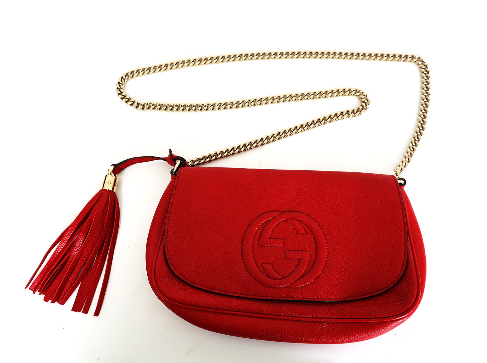 GUCCI, Made in Italy, Red Leather Shoulder Bad with Gold Tone Chain Strap (1 of 8)