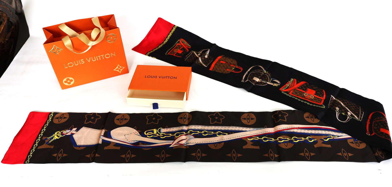 Designer LV Silk Scarf in Box and Bag, Scarf Size: 57.5 inches length x 5 1/4 in. wide (1 of 6)