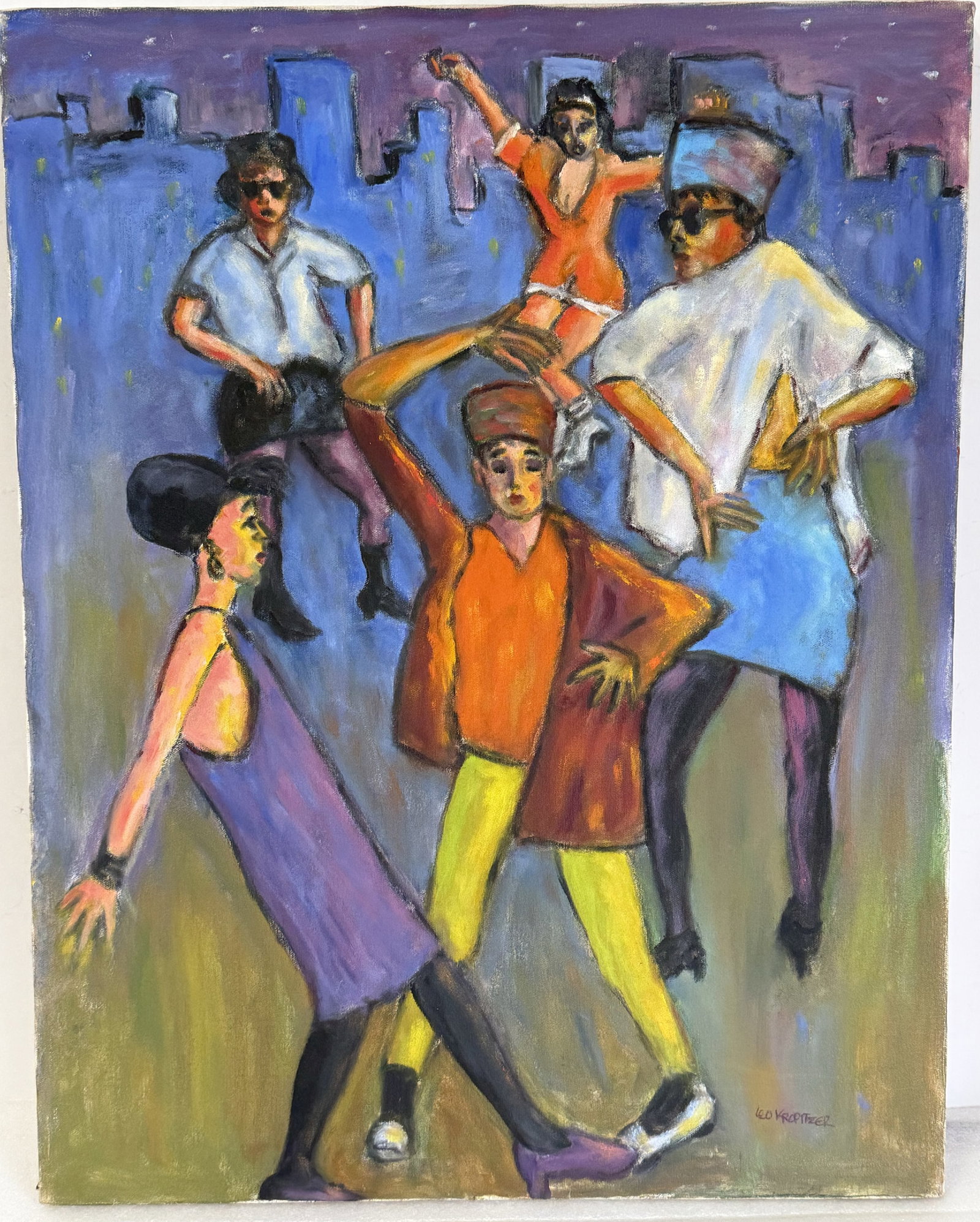 Leo Kropitzer; 20thC. Moderist Oil - Go Go Dancers Signed: Leo Kropitzer; 20thC. Moderist Oil - Go Go Dancers Signed. 20thC. Moderist oil on canvas. Go Go Dancers. Signed lower right; 28in. X 22in. Unframed