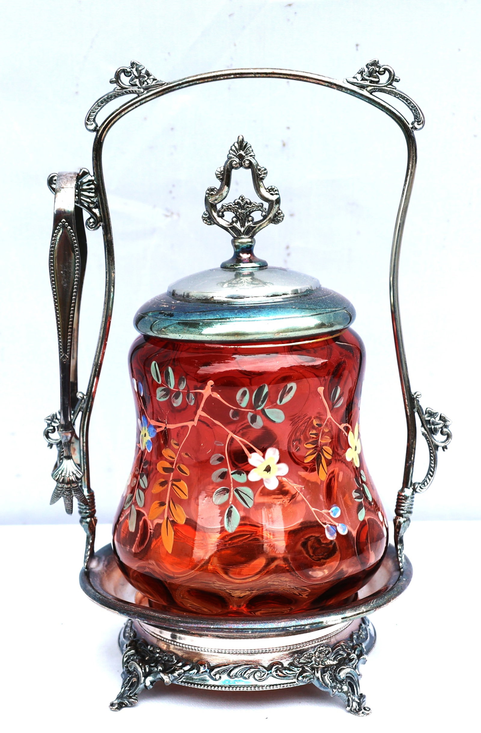 antique Victorian-era cranberry glass pickle castor, featuring a hand-painted floral enamel design (1 of 5)