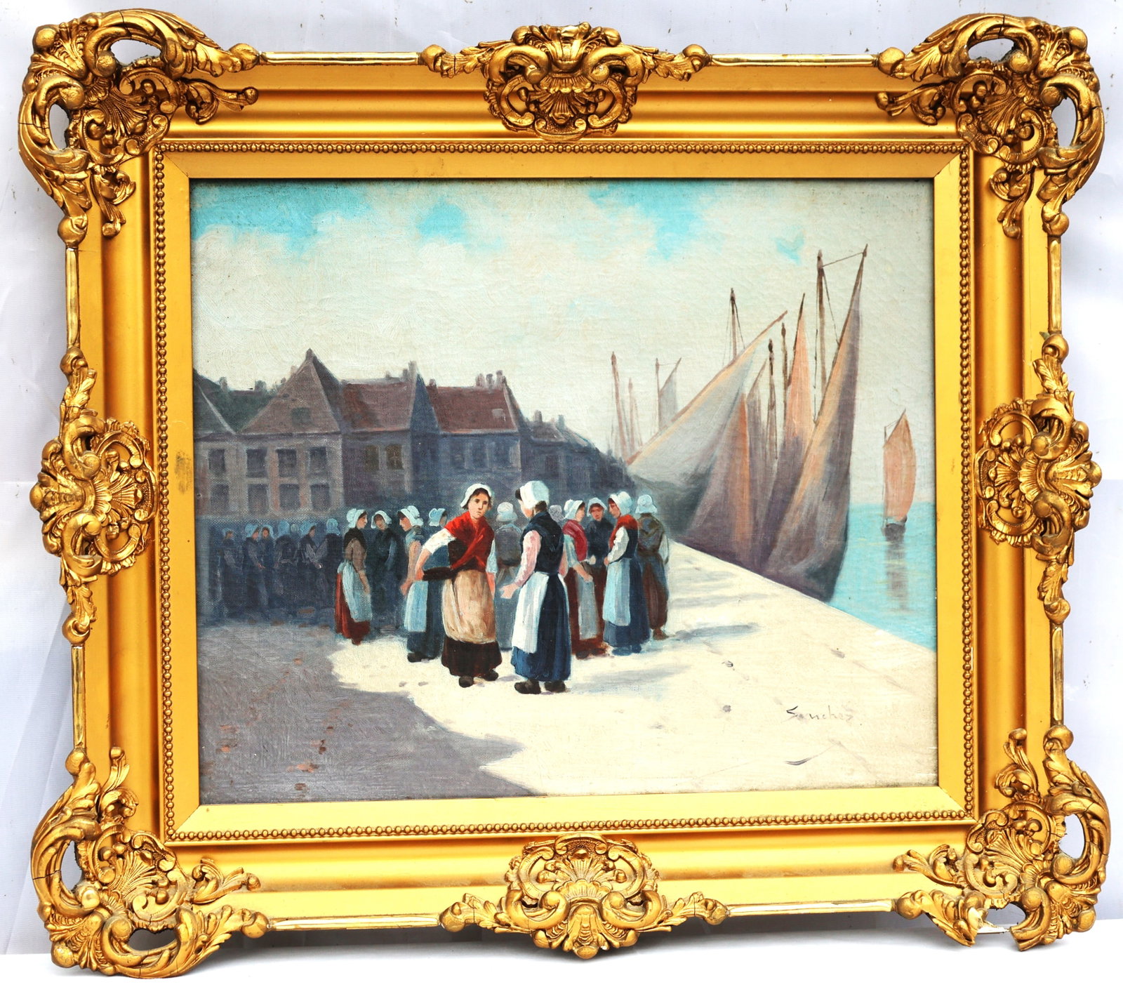 Signed Sanchez, Oil on Canvas Painting, Return From Fishing at Port, Gold Framed (1 of 6)