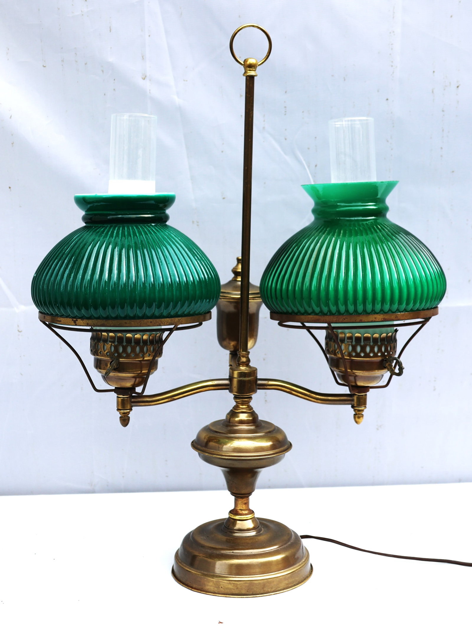Vintage Electrified brass double-arm student lamp featuring two ribbed green glass shades. (1 of 3)