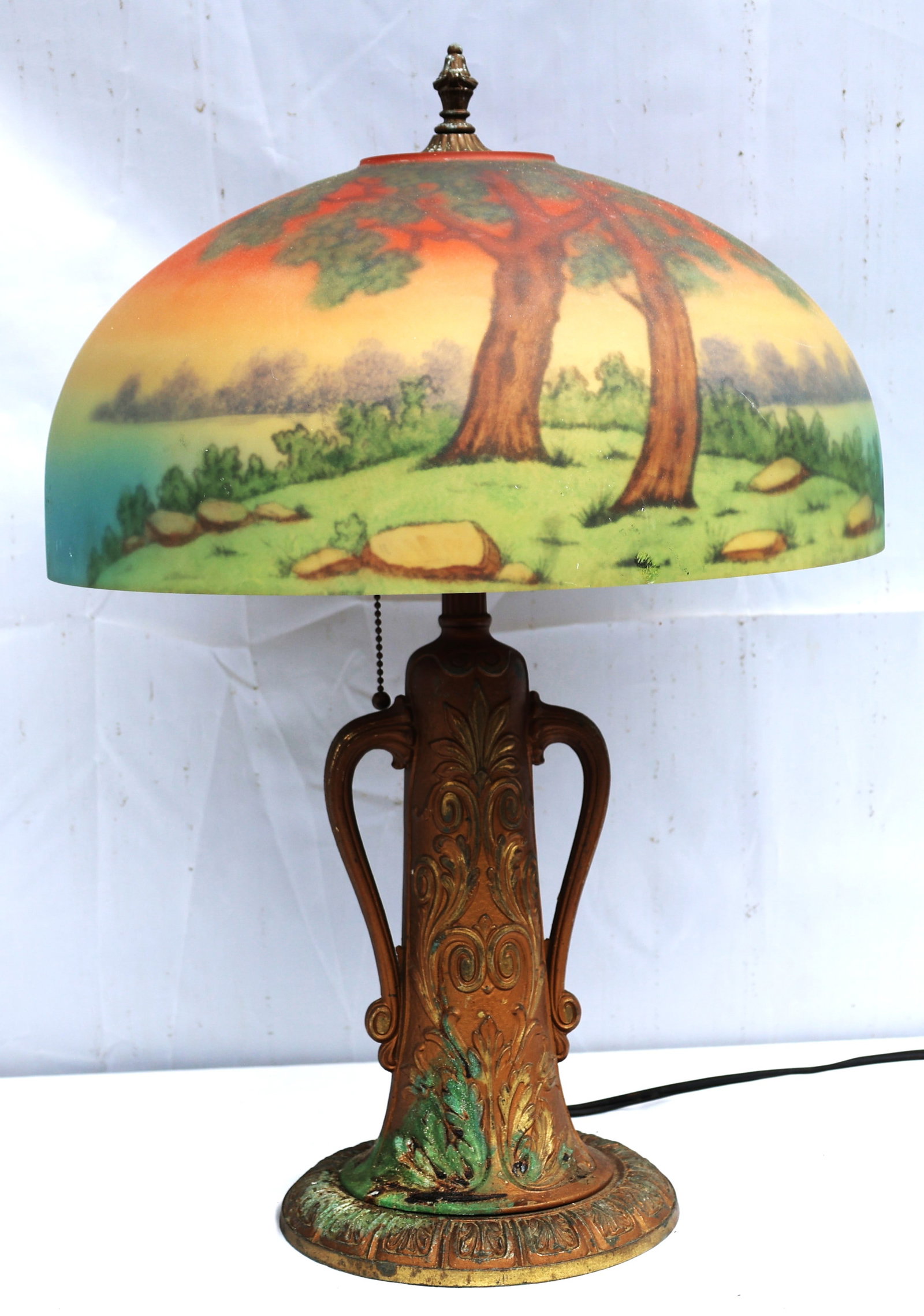 Vintage Reverse Painted Glass Shade Table Lamp with Landscape Scene (1 of 5)