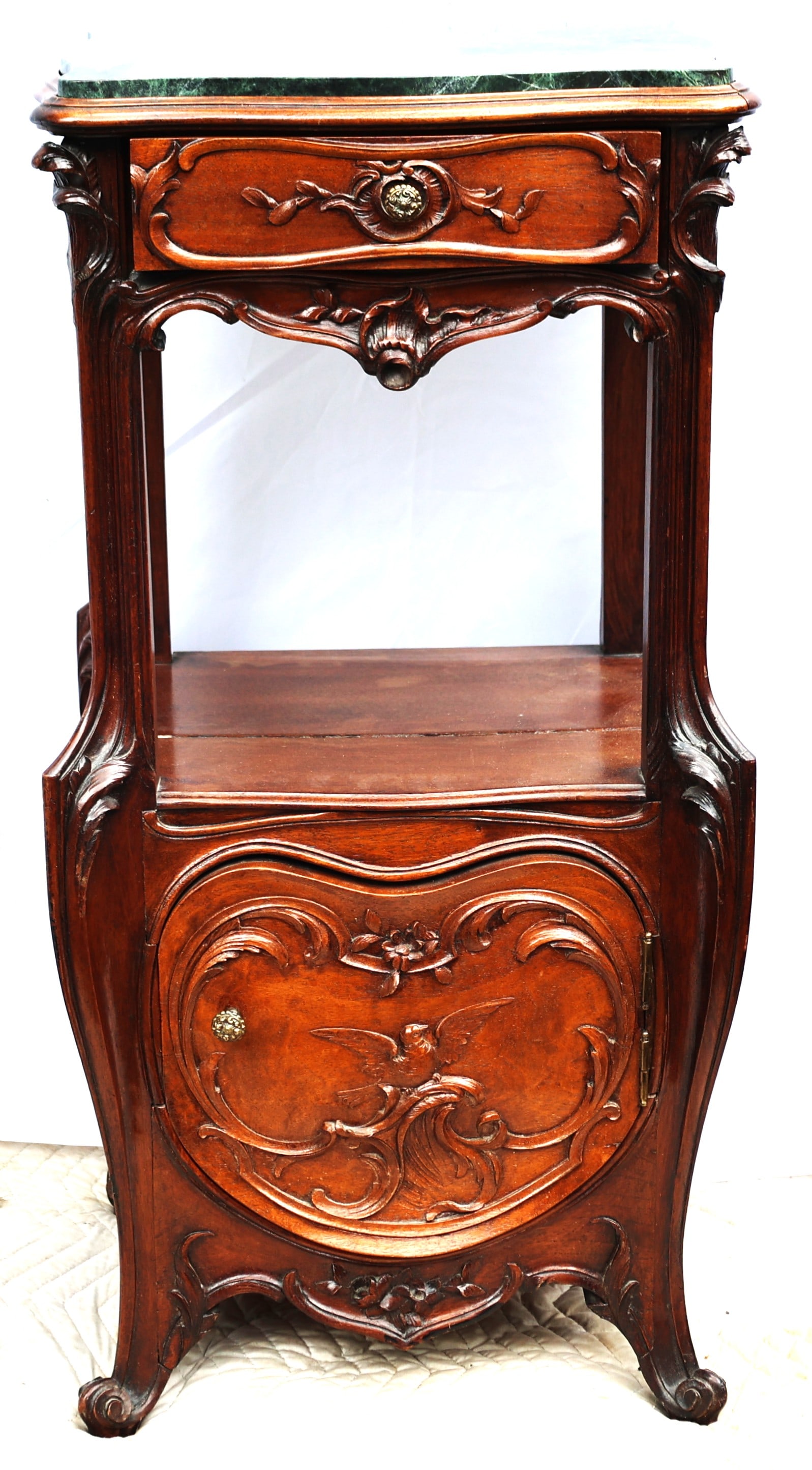 This is an antique French Rococo style nightstand featuring a green marble top and ornate walnut car (1 of 5)