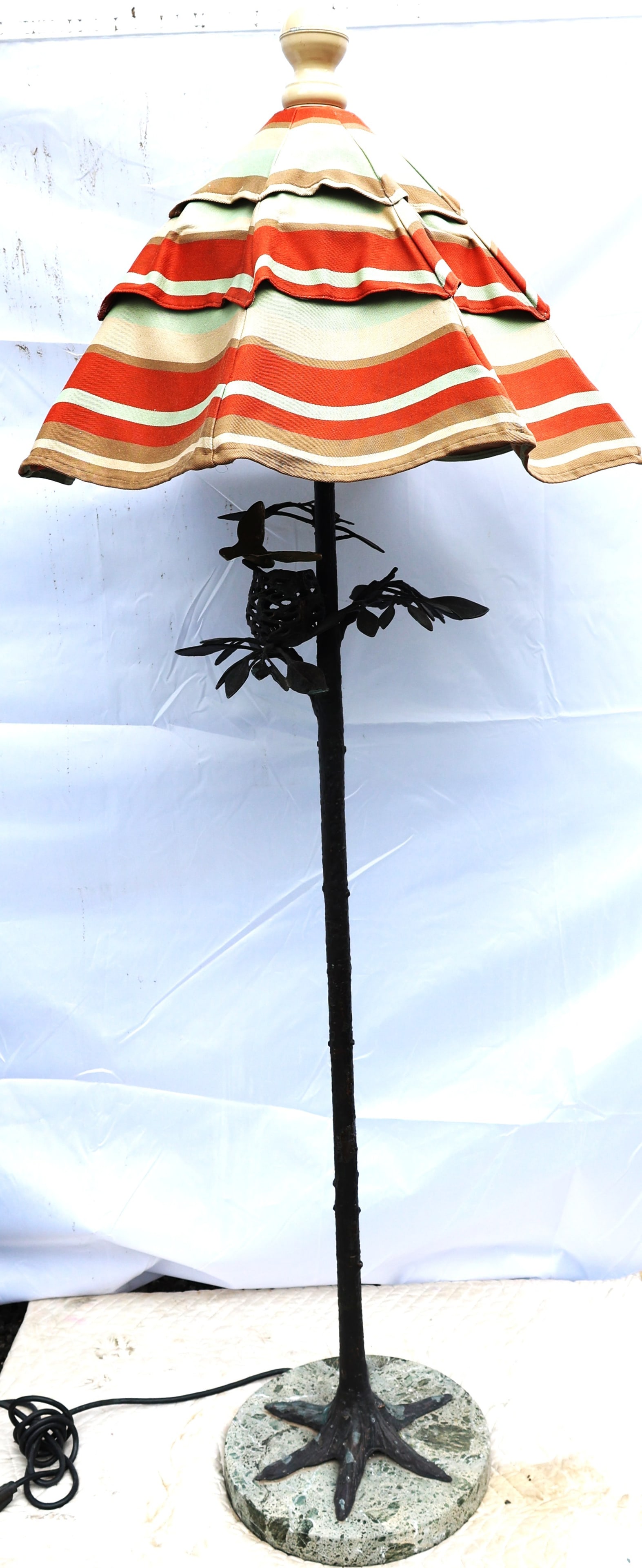 Floor lamp is a Frederick Cooper "Bird on a Nest II" model featuring a striped shade (1 of 10)